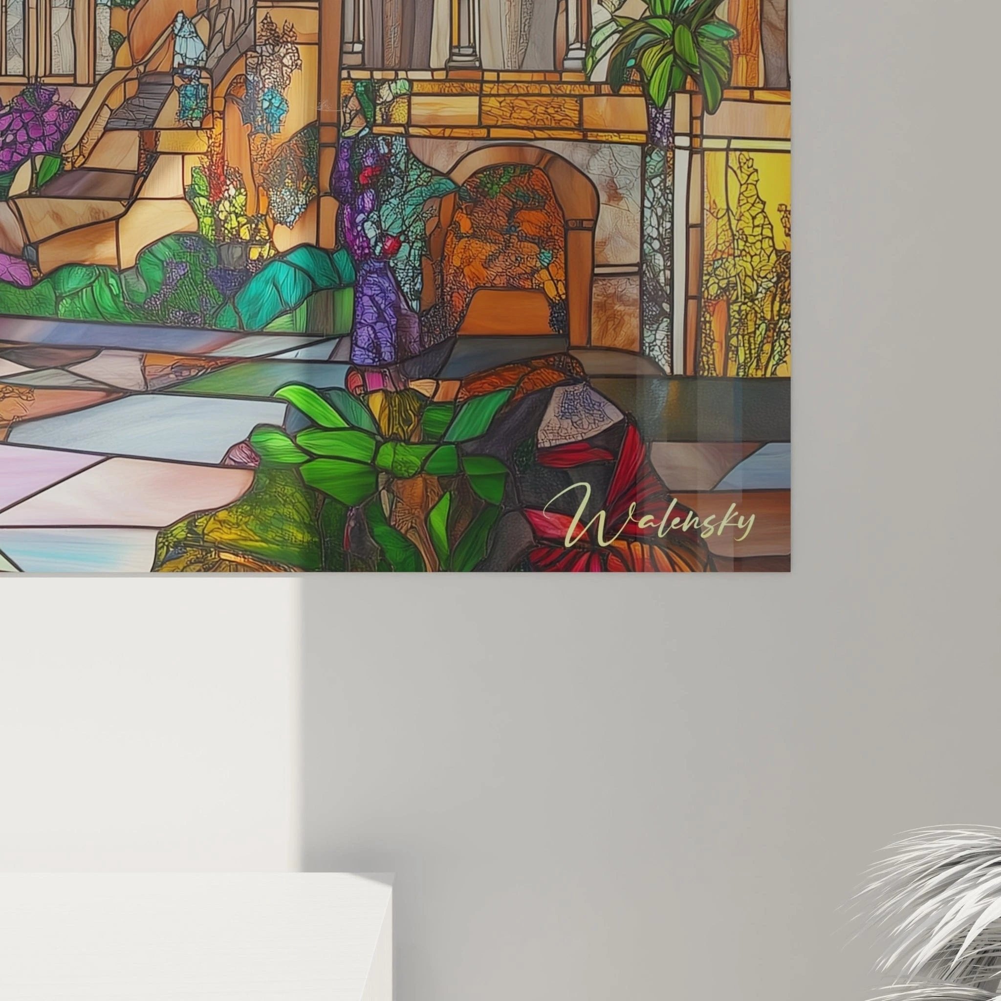 Gesamtansicht mediterranes Terrassen-Wandbild in leuchtender Glasmalerei-Technik