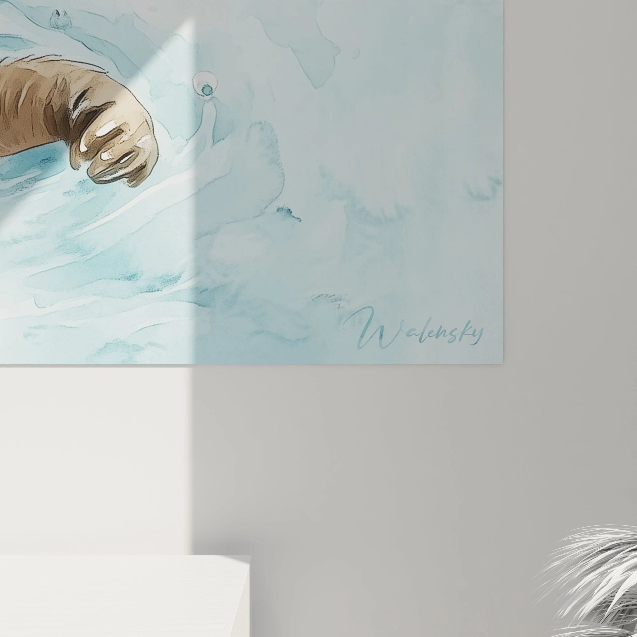 Gesamtansicht des Seeotter Wandbildes mit Wasserspritzern in aquarell-artiger Maltechnik