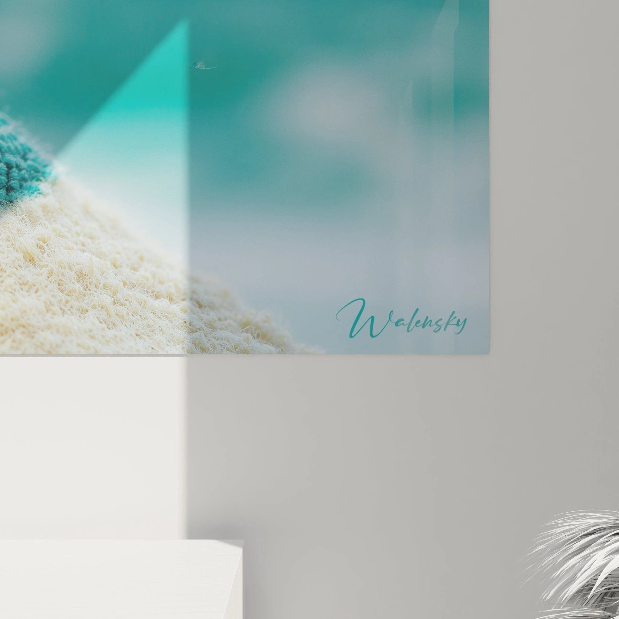 Gesamtansicht Wandbild tropische Palmeninsel in kunstvoller Häkeloptik mit Meeresblick