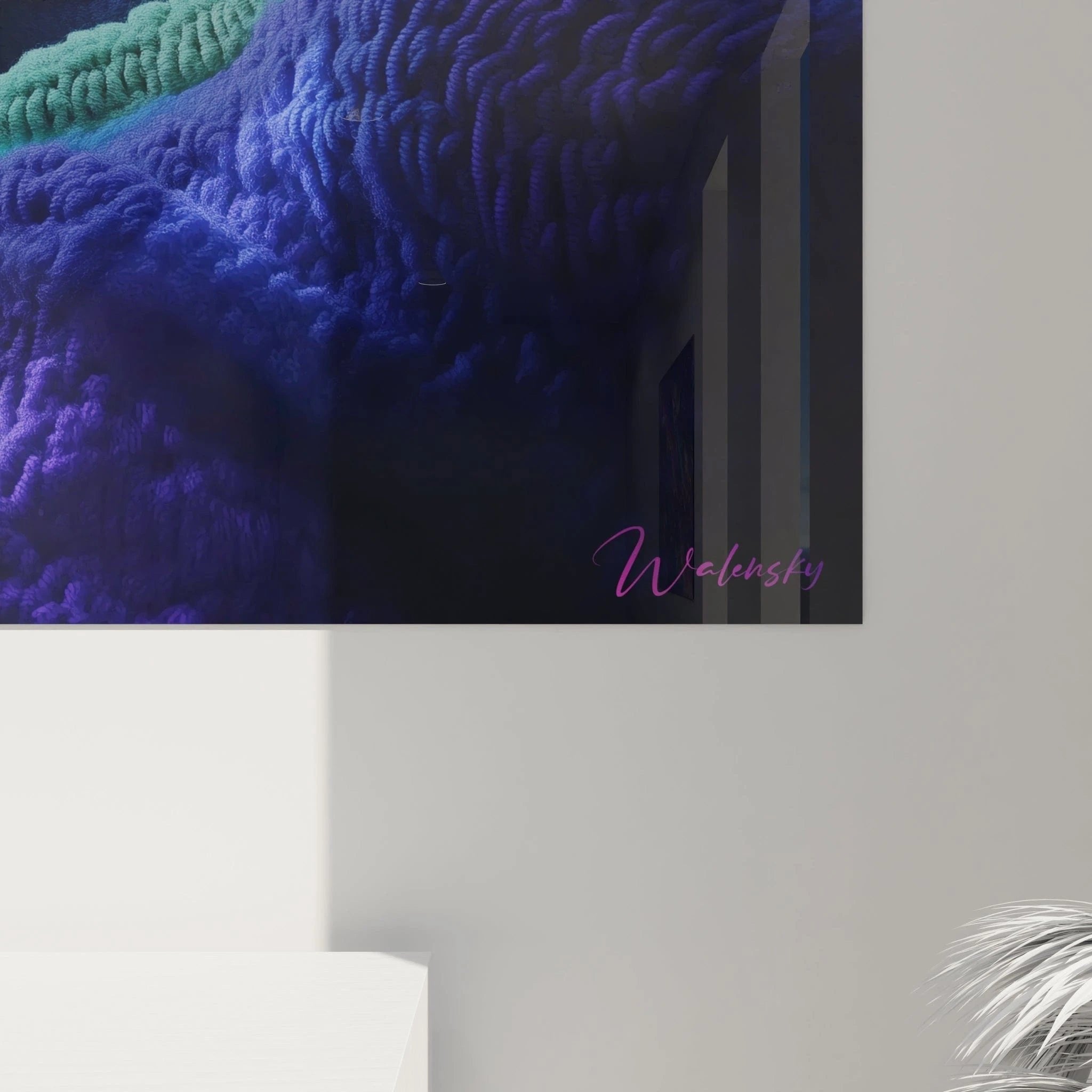 Gesamtansicht des digitalen Ozean Wandbildes mit wellenförmigen Strukturen in Häkeloptik