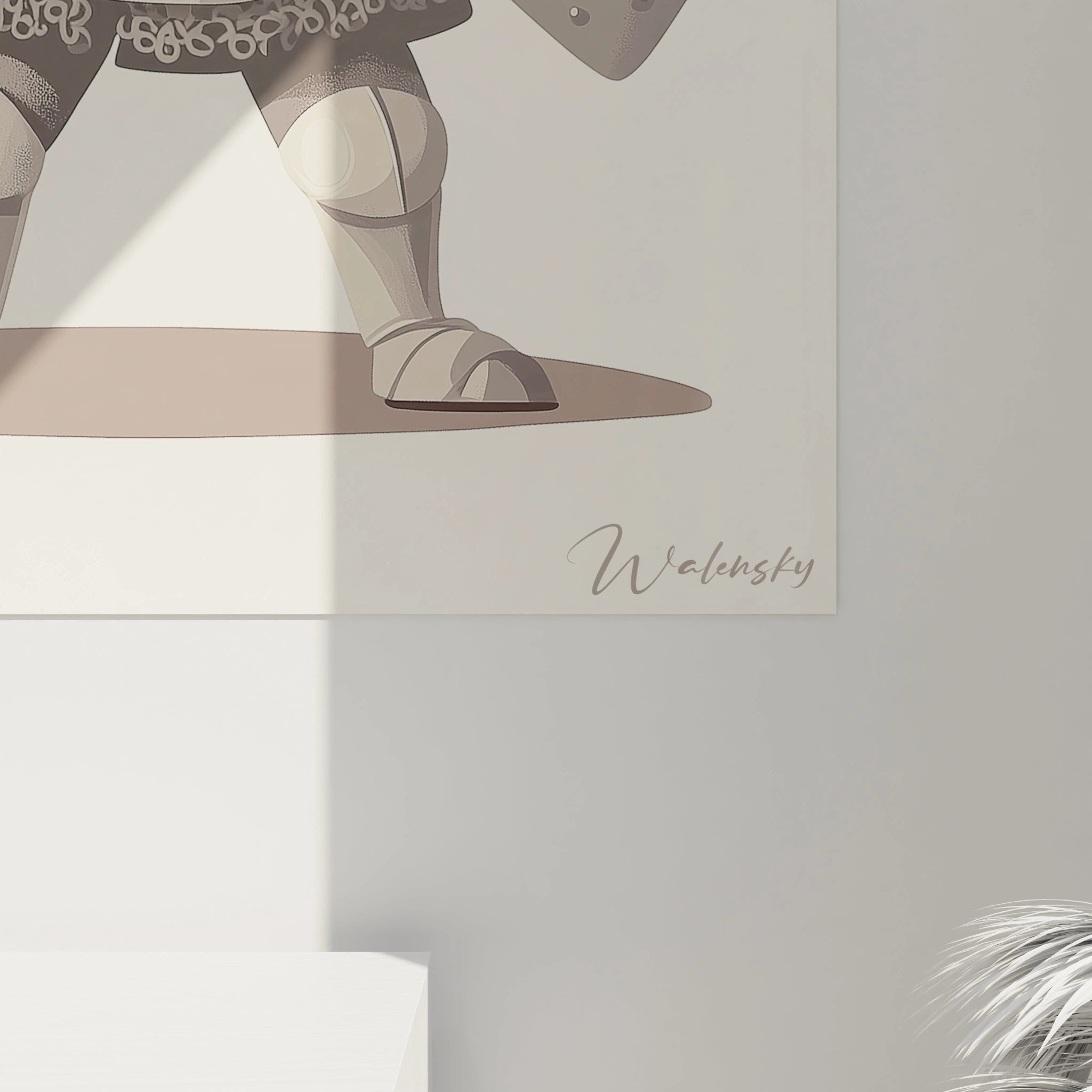 Gesamtansicht Wandbild tapferer kleiner Kreuzritter mit Schwert und Schild in moderner Raumgestaltung