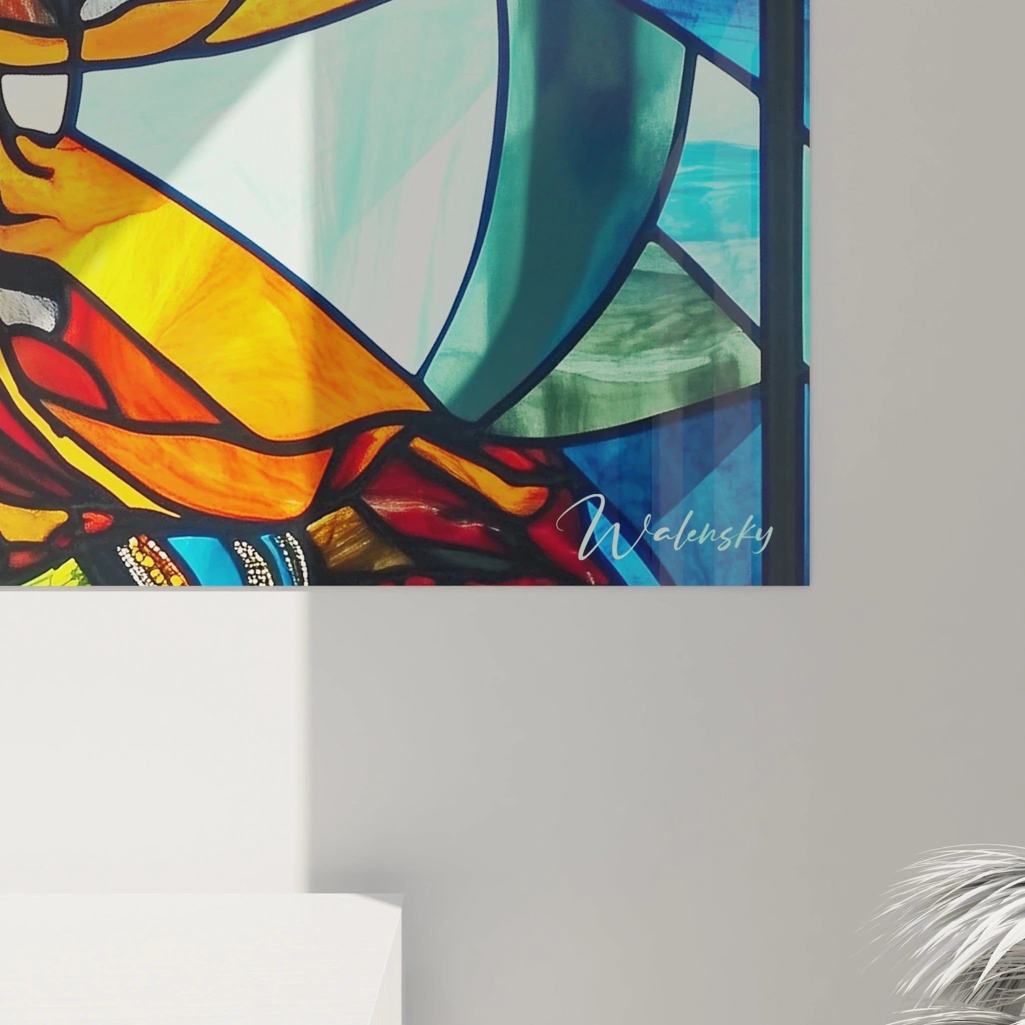 Gesamtansicht des Krishna-Tanzbildes in Glasmalerei-Optik mit kaleidoskopischen Farbverläufen