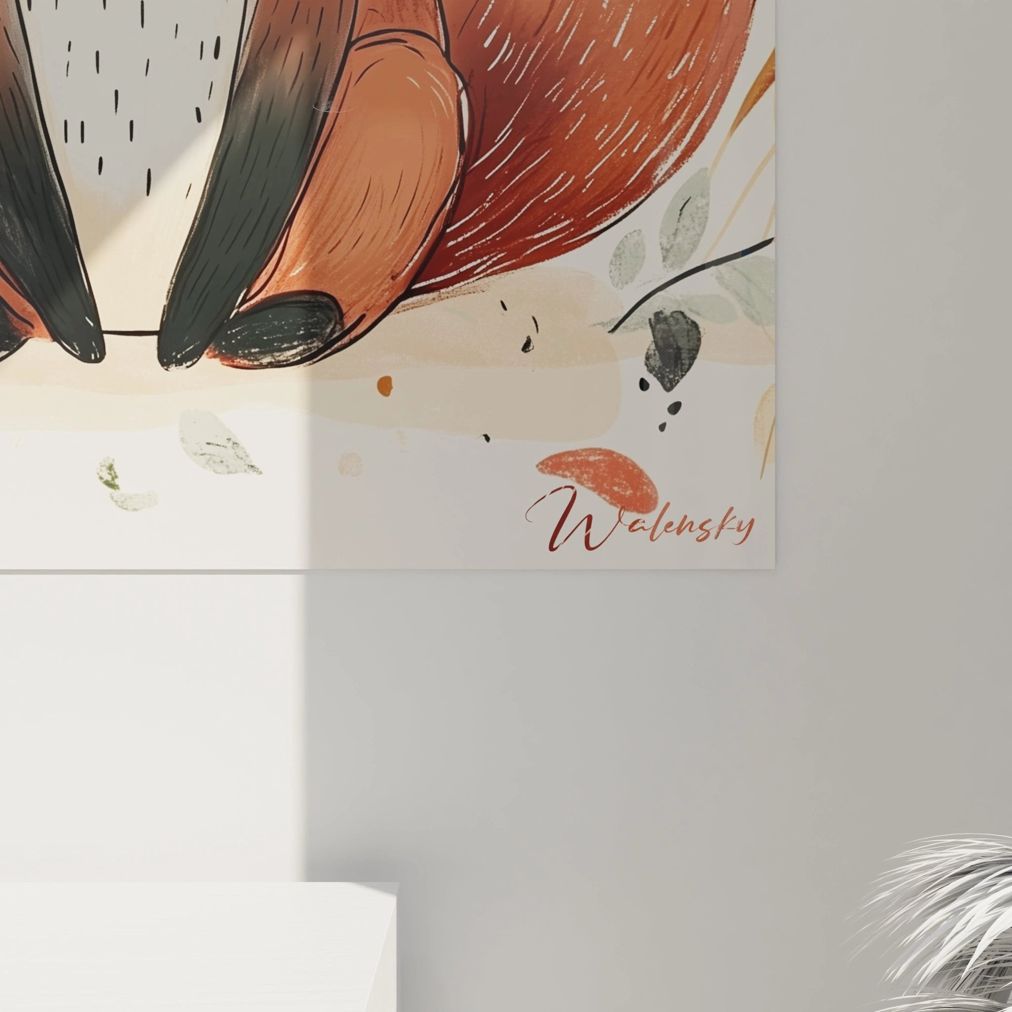 Gesamtansicht des Fuchs Herbst Wandbildes mit allen dekorativen Blättern und Zweigen ringsum