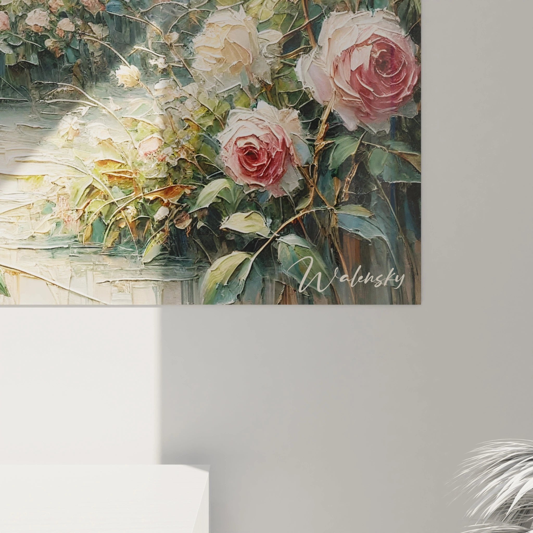 Gesamtansicht Wandbild romantischer Rosengarten mit Steinbank - perfekte Wanddekoration für Gartenliebhaber