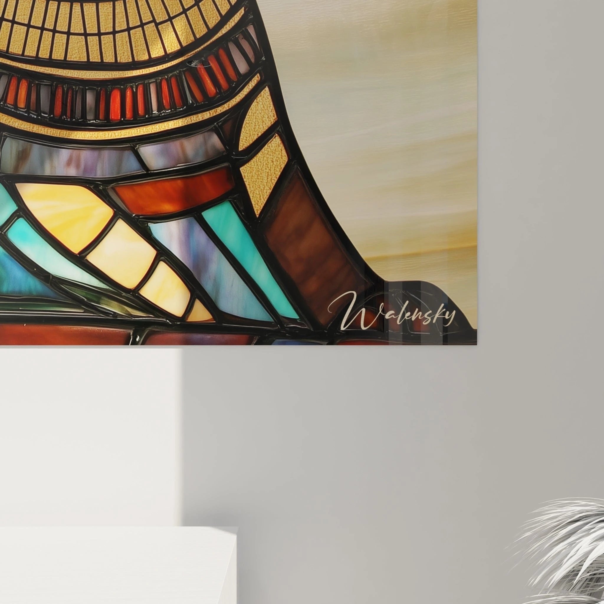 Gesamtansicht des Wandbildes ägyptische Katze mit Sonnenscheibe in kunstvoller Glasmalerei-Optik