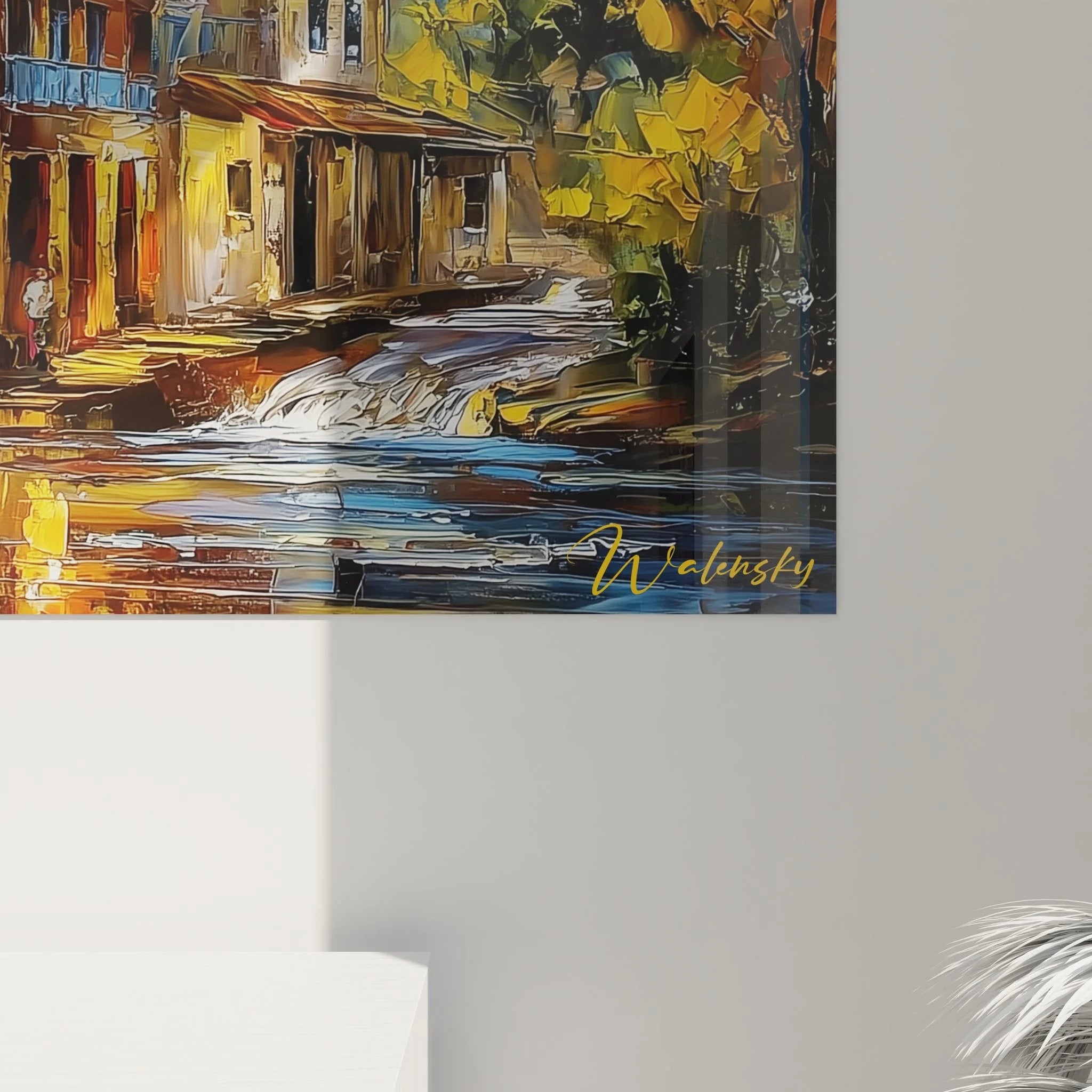 Gesamtansicht Wandbild Bergdorf mit Wasserfall - Vollständige Alpenlandschaft Komposition