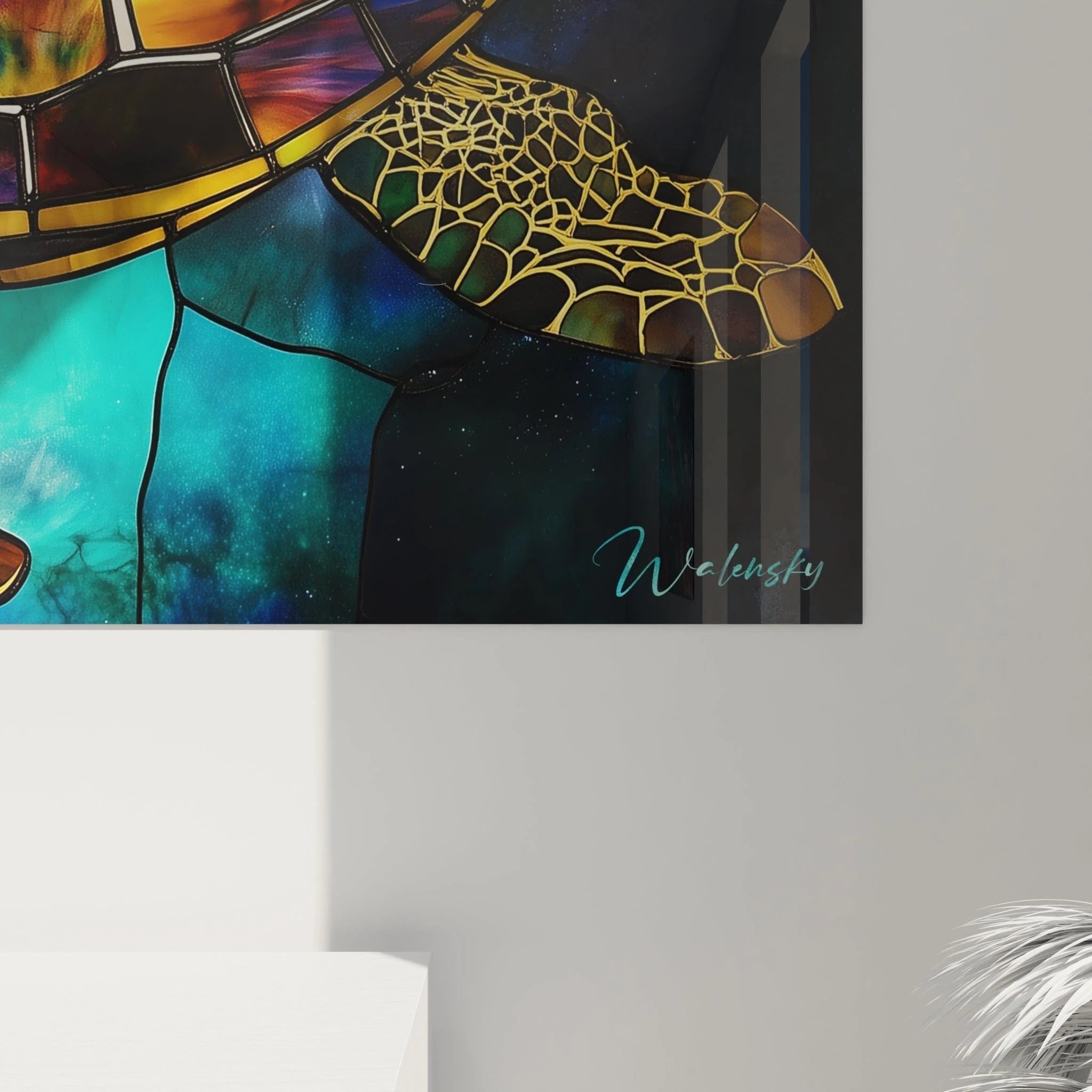 Gesamtansicht Wandbild kosmische Meeresschildkröte in Glasmalerei-Technik mit Sternen und Ozean-Elementen