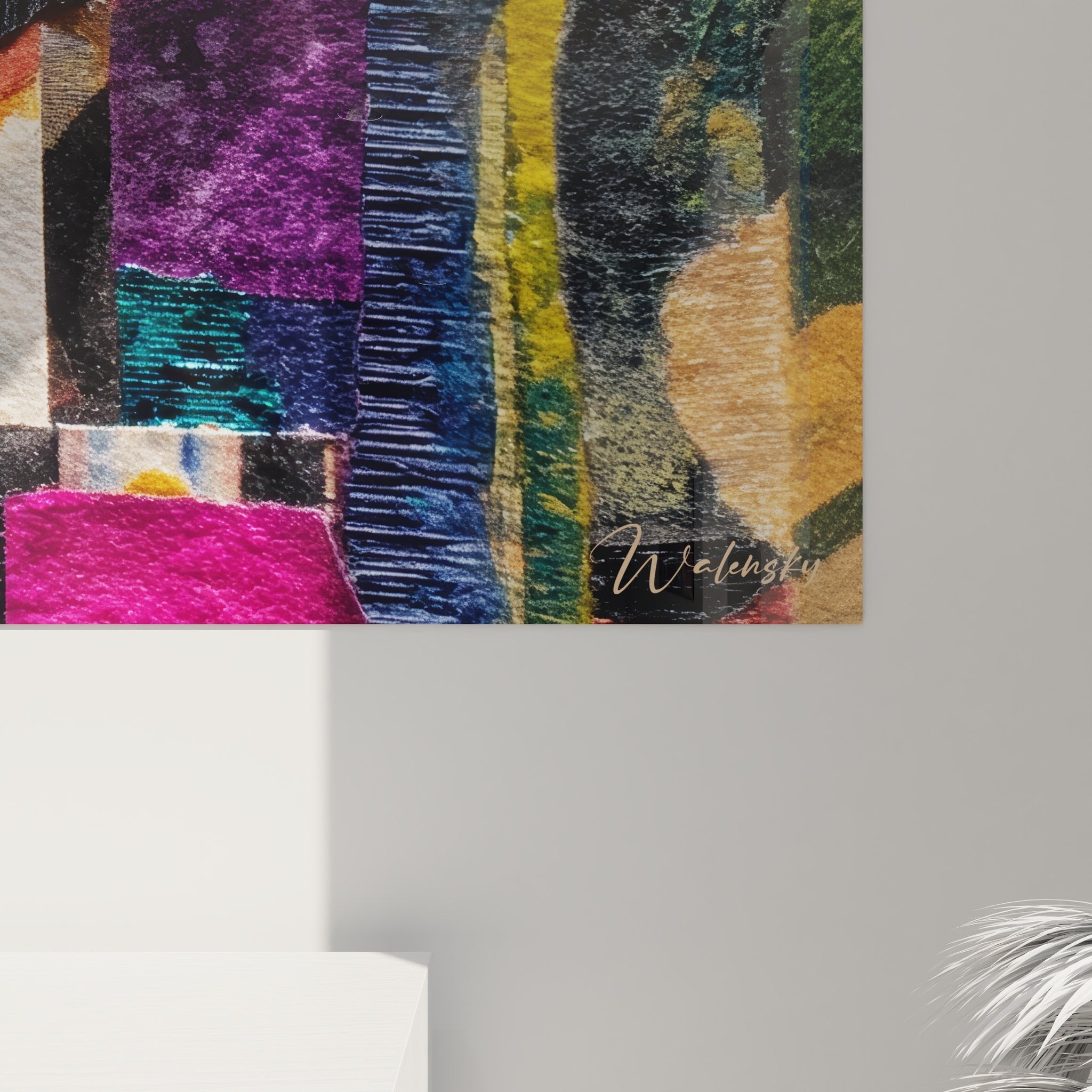 Gesamtansicht des abstrakten Farbkollage-Wandbildes mit harmonischer Komposition geometrischer Elemente