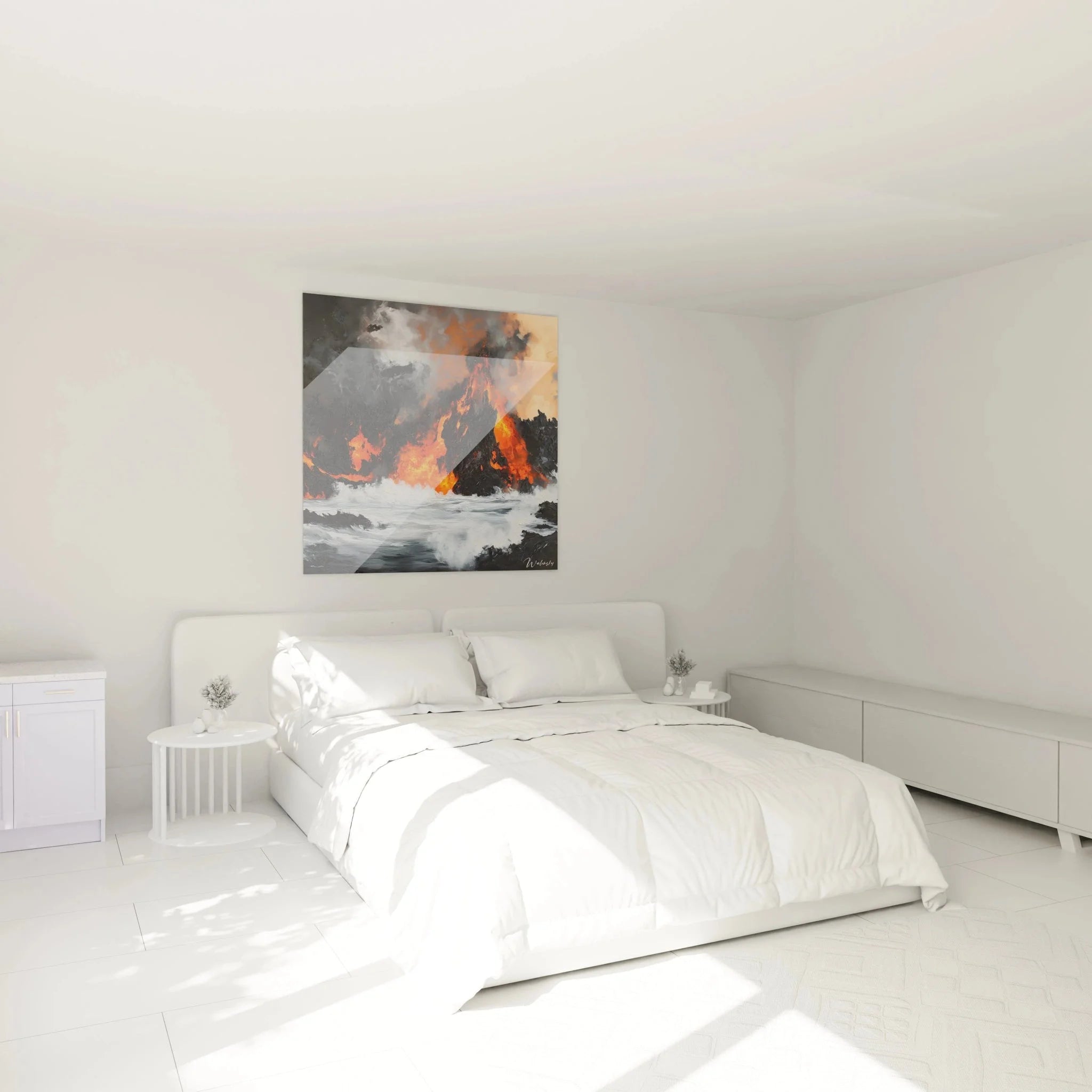 Wandbild Vulkanausbruch in Schlafzimmer Ambiente mit warmen Rottönen und expressionistischem Stil