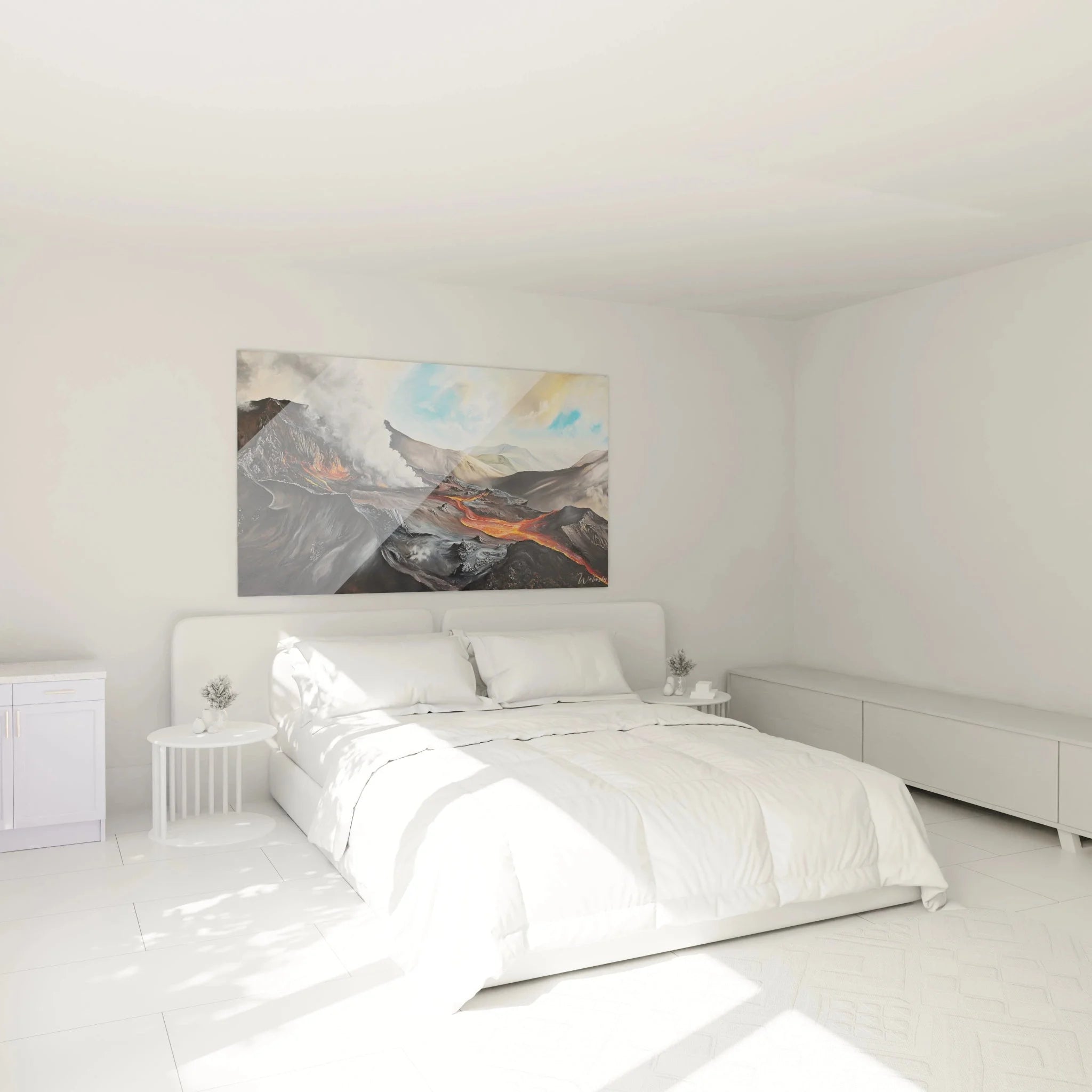 Vulkan Wandbild XXL in modernem Schlafzimmer mit feurigen Lavaströmen als beeindruckende Wanddekoration