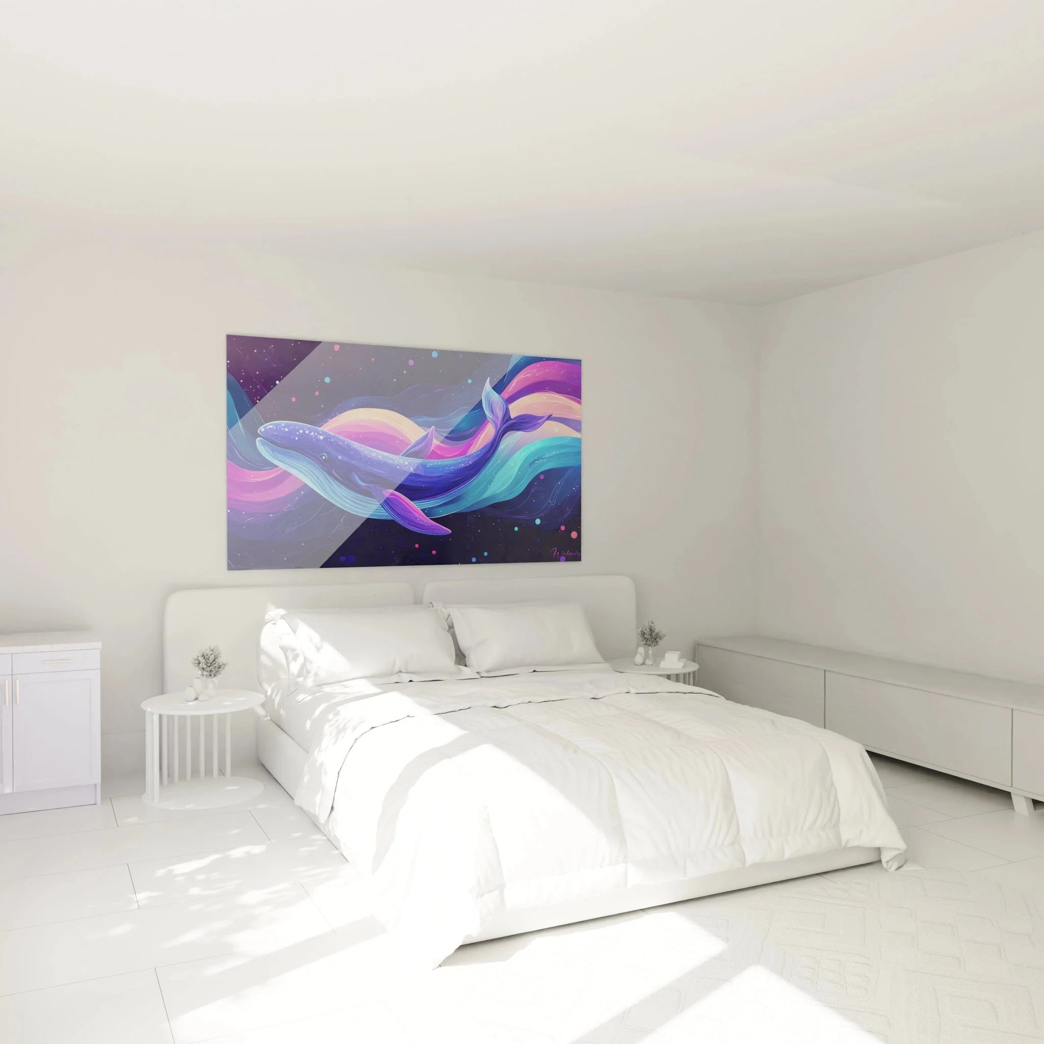 Wal Wandbild im Schlafzimmer - Kosmische Meereskunst als moderne Wanddekoration in Blau und Violett