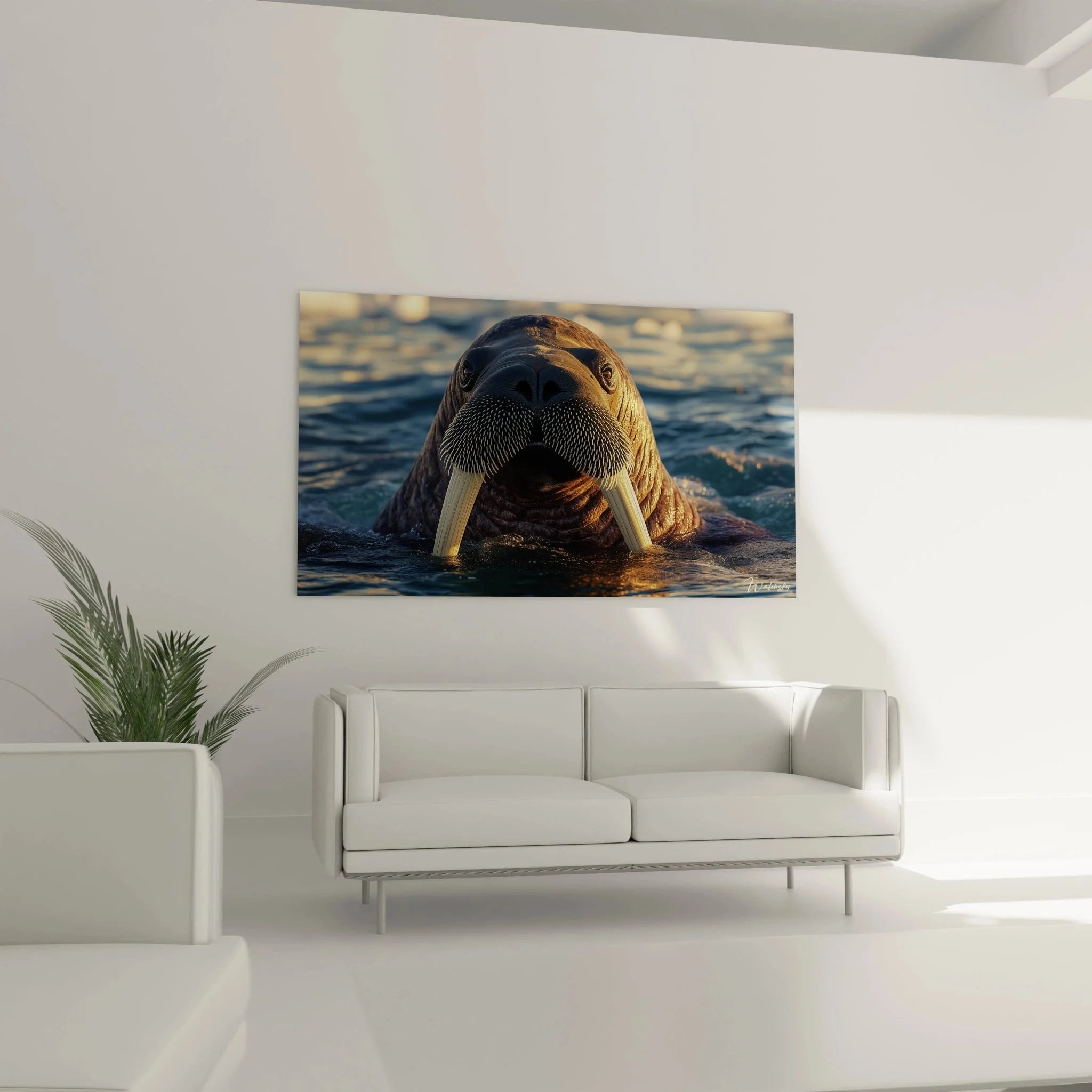 Detailaufnahme Walross Leinwandbild - Stoßzähne und Barthaare im goldenen Licht Nahaufnahme