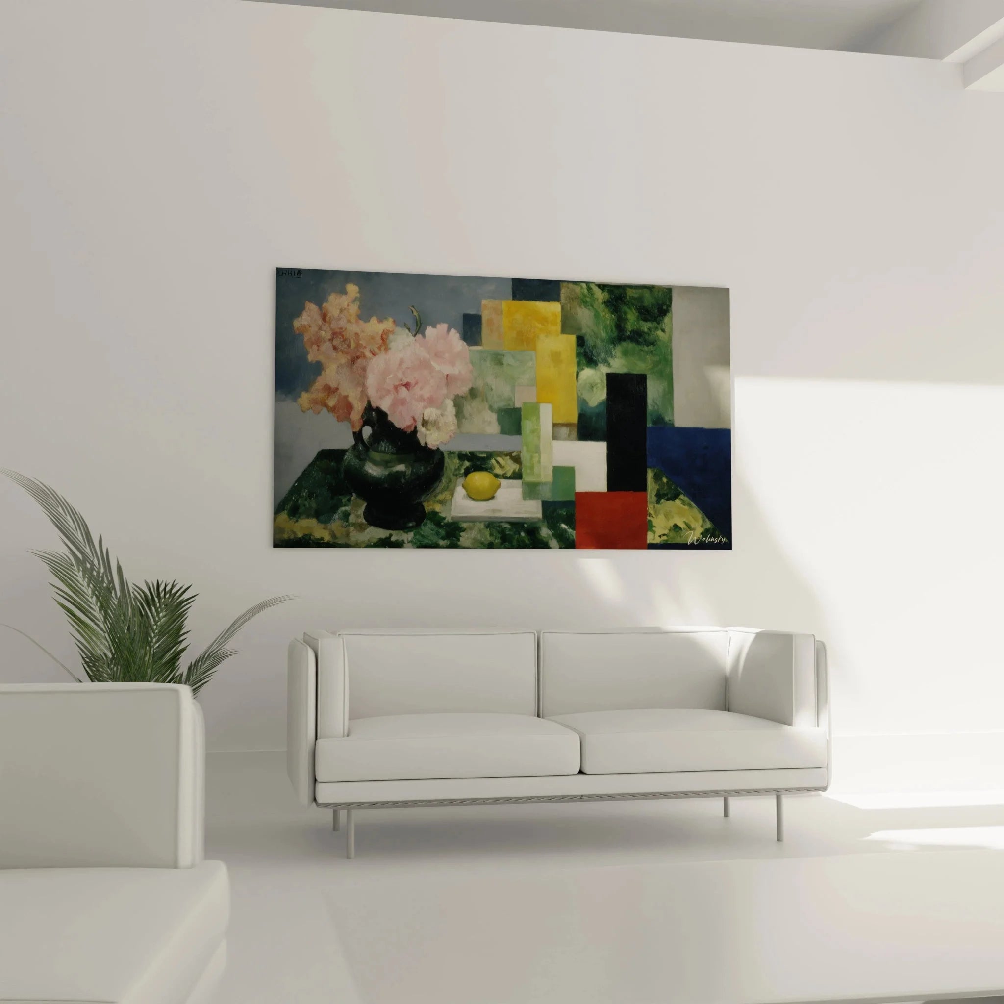 Detailansicht Wandbild abstrakte Kunst mit Blumenvase und gelben geometrischen Elementen