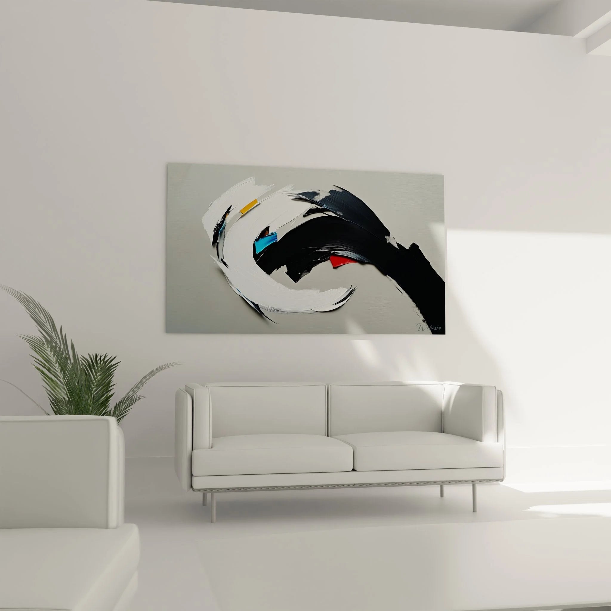 Detailansicht abstraktes Wandbild mit expressiven Pinselstrichen und Farbakzenten in Orange und Blau