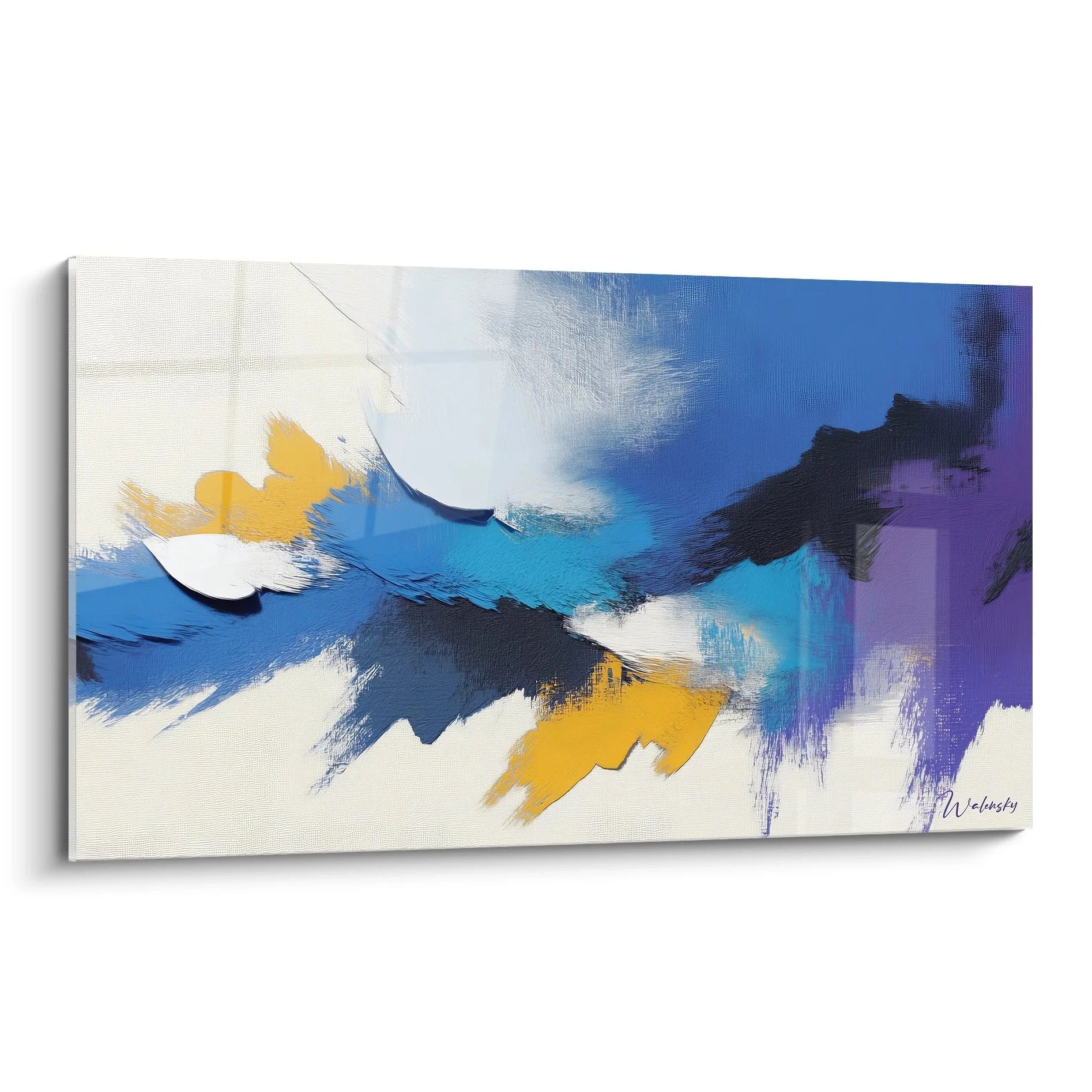 Wandbild abstrakt mit dynamischen Farben in Blau Gelb Violett Malerei-Optik moderne Wandgestaltung