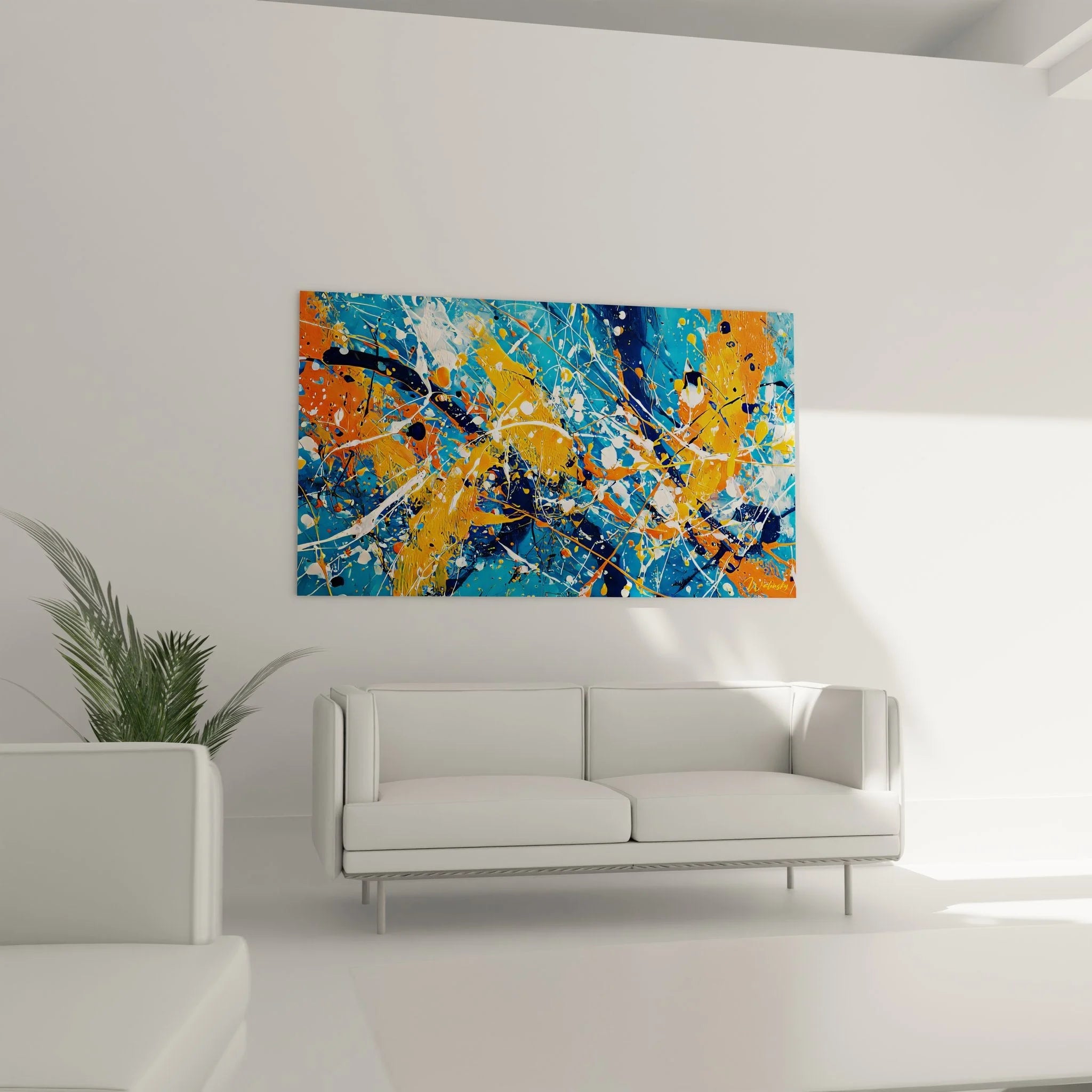 Detailansicht Wandbild abstrakte Farbspritzer mit expressiven Pinselstrichen und leuchtenden Farbtönen