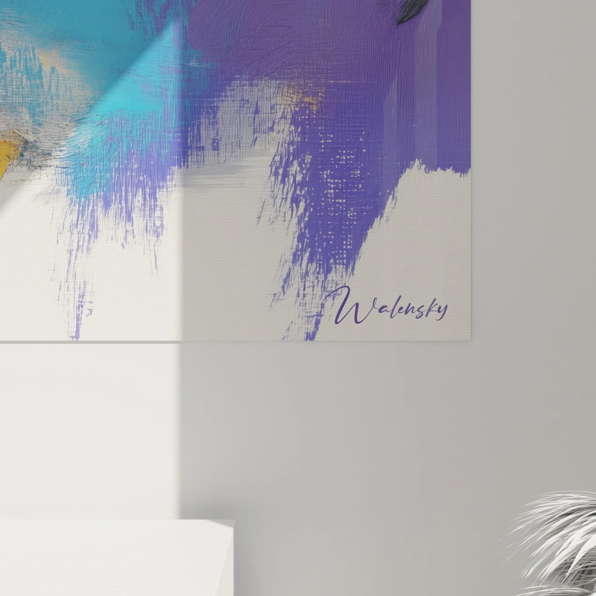 Gesamtansicht Wandbild abstrakt Farbkomposition Blau Gelb Violett moderne Raumgestaltung