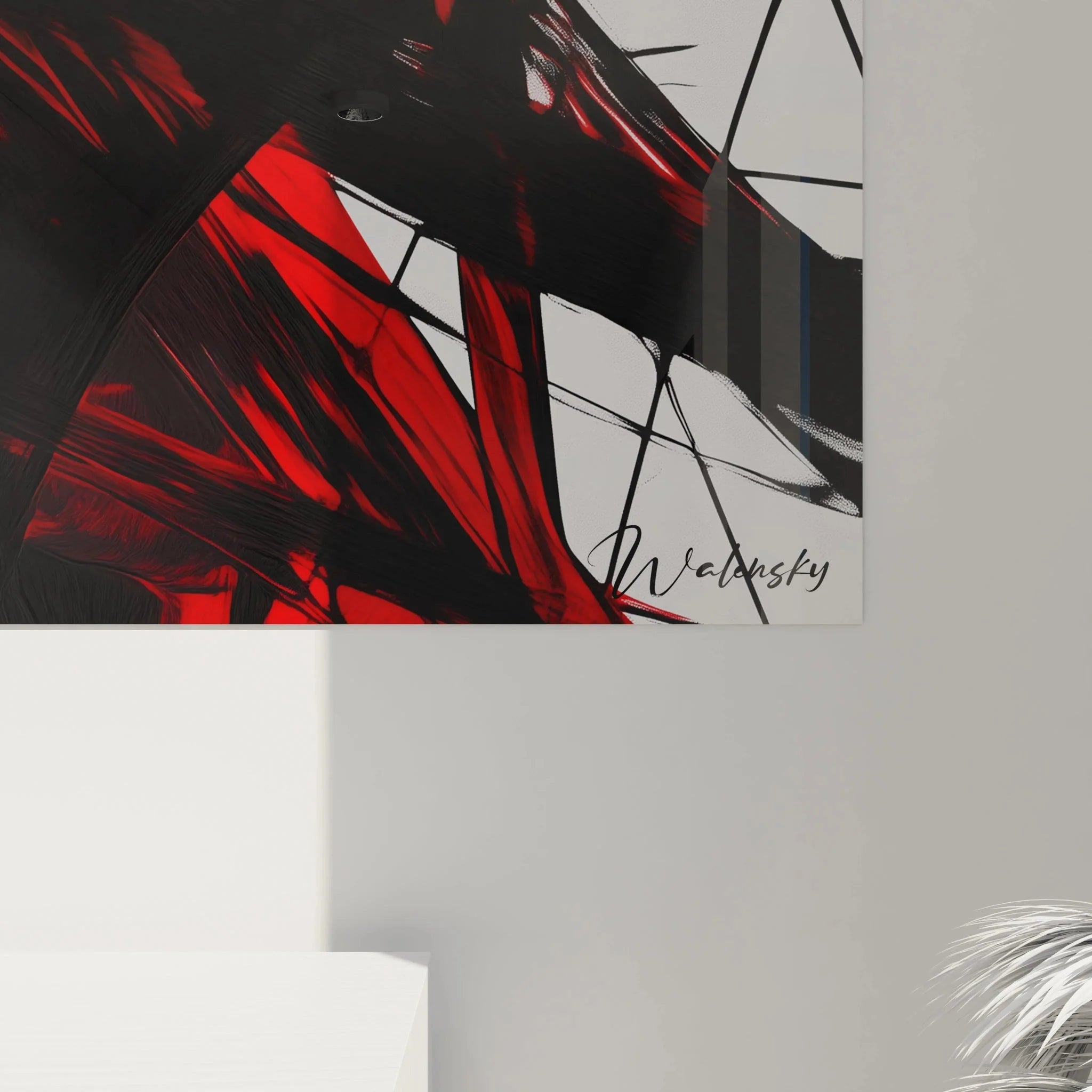 Gesamtansicht modernes Wandbild abstrakte Komposition rote schwarze Linien Piet Mondrian Stil