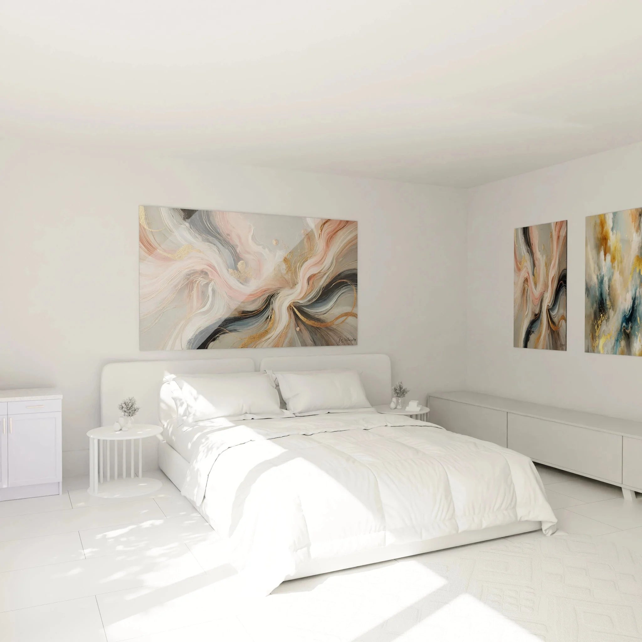 Wandbild abstrakte goldene Verwirbelung über Bett im Schlafzimmer - elegante Raumdekoration