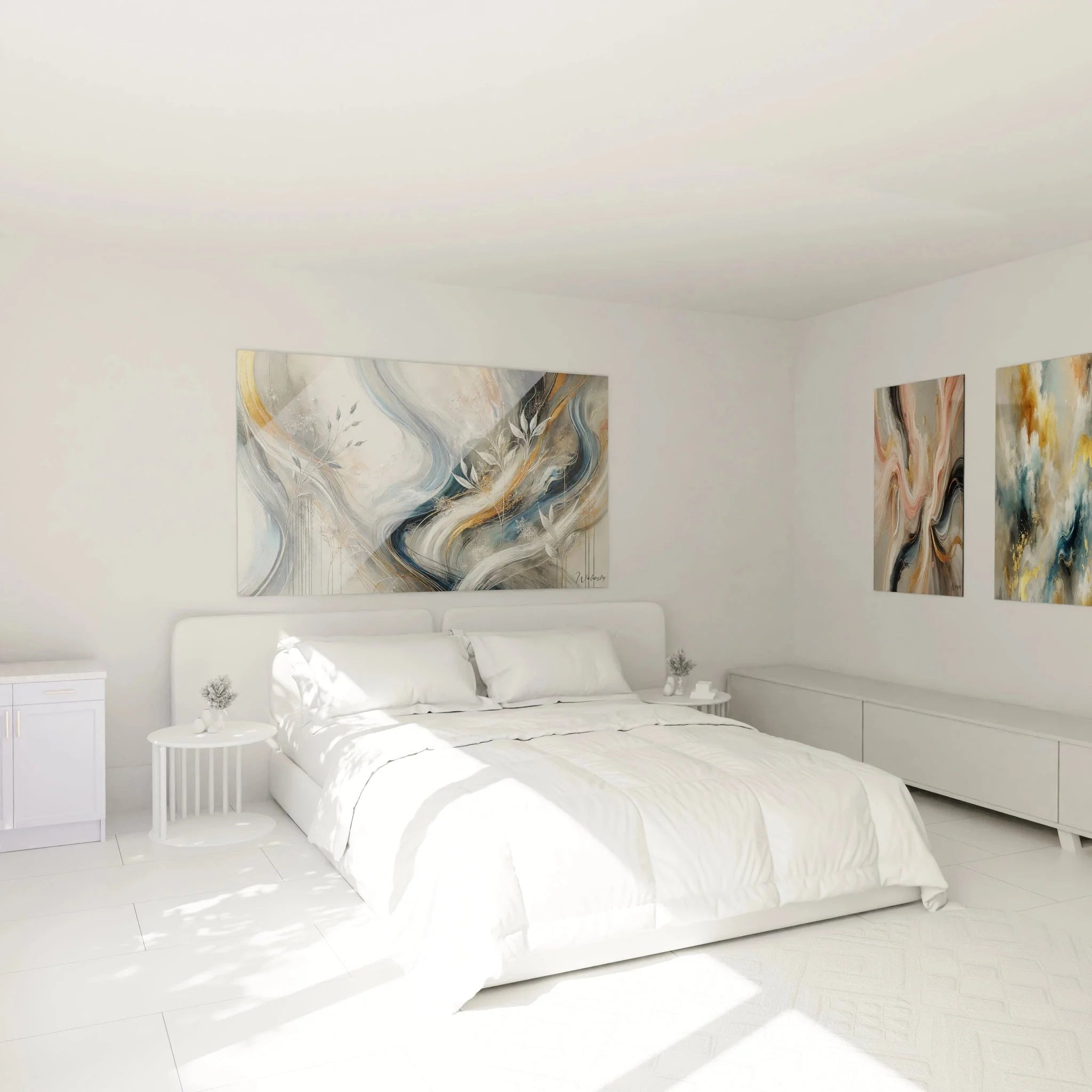Wandbild abstrakte Strömung in modernem Schlafzimmer mit eleganter Farbkomposition in Acryl-Optik