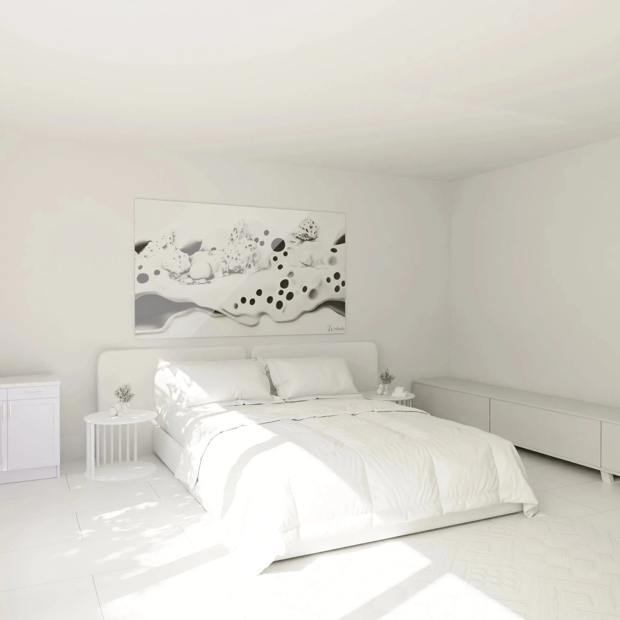 Modernes Wandbild abstrakte Landschaft in Schlafzimmer-Ambiente mit eleganter schwarz-weißer Gestaltung