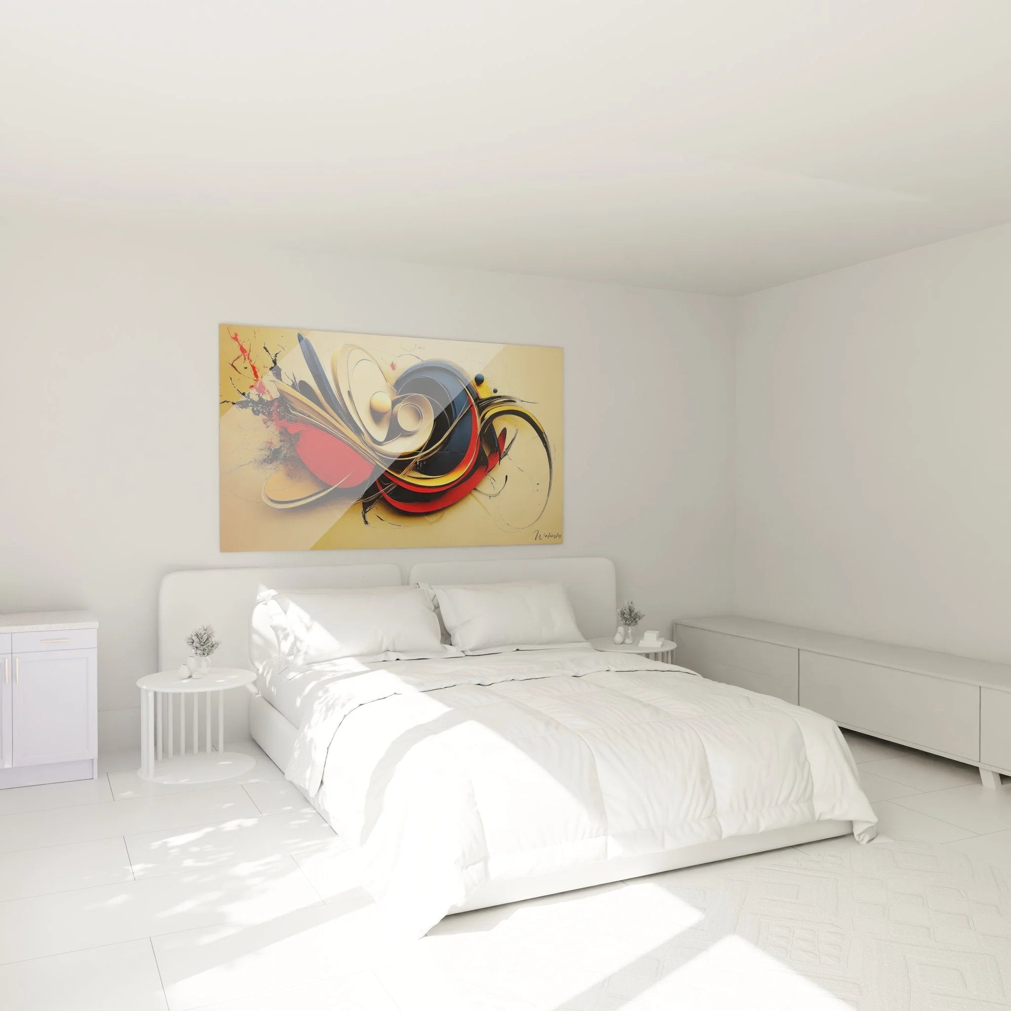 Modernes Wandbild abstrakt in elegantem Schlafzimmer mit minimalistischer Einrichtung