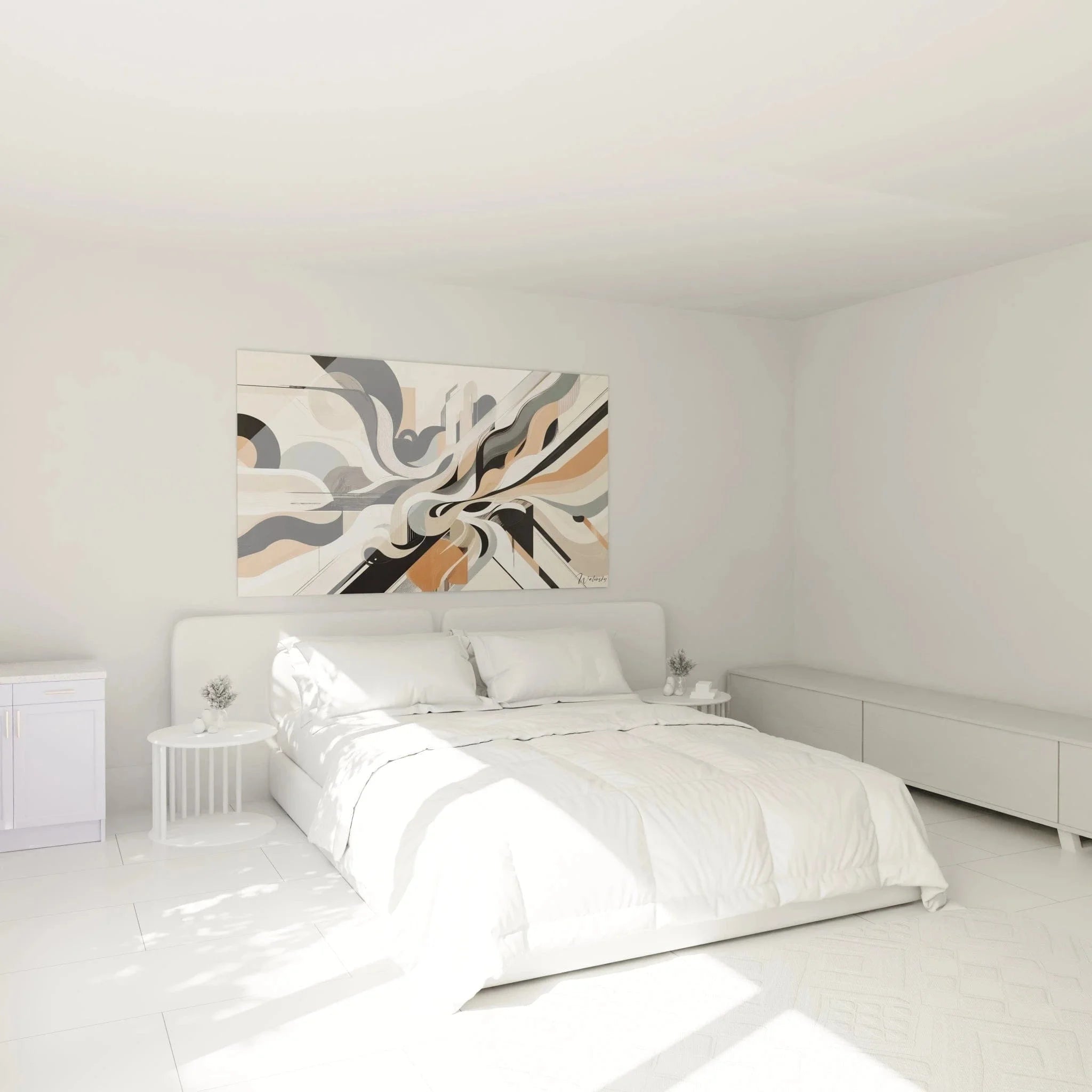 Abstraktes Wandbild mit geschwungenen Linien im Schlafzimmer - moderne Wanddekoration