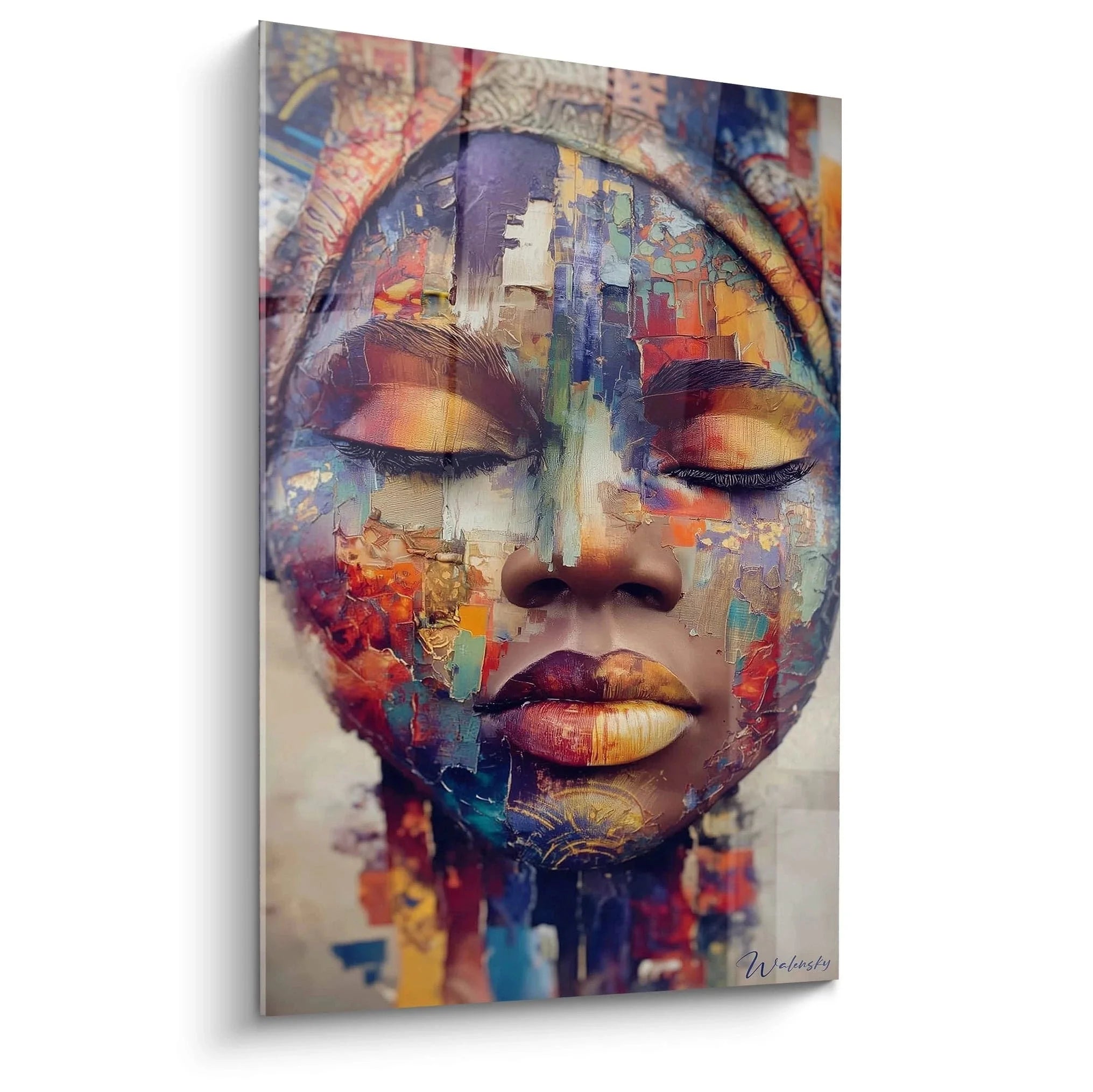 Wandbild abstrakte afrikanische Frau mit bunten Farben und fragmentiertem Gesicht - moderne Wanddekoration