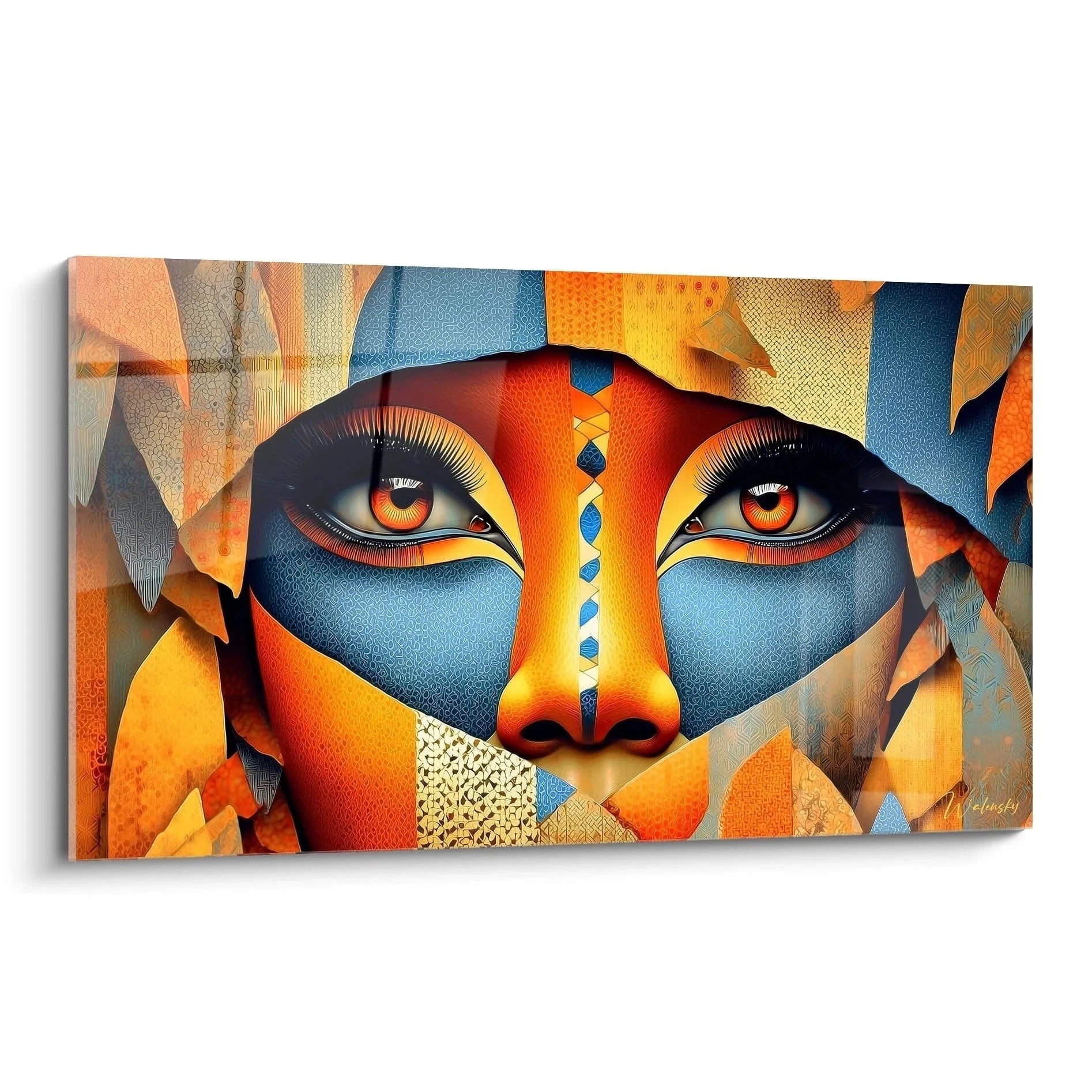 Wandbild abstrakte afrikanische Frau mit geometrischen Formen in Orange und Blau