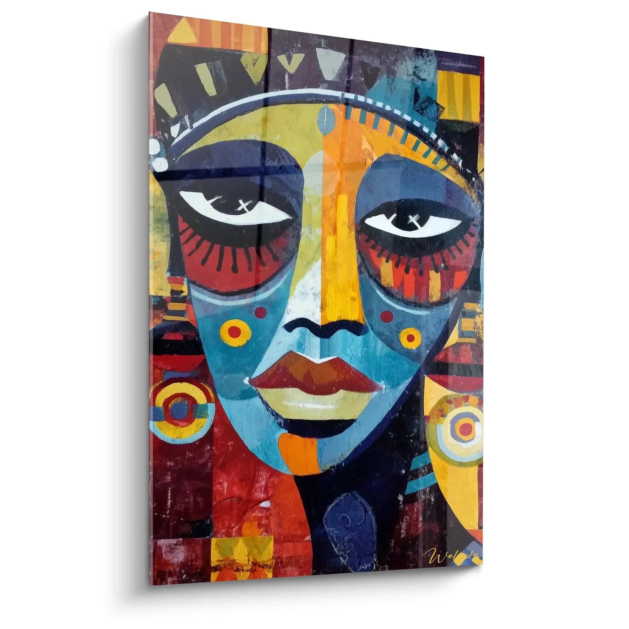 Wandbild abstrakte afrikanische Maske in bunten Farben mit geometrischen Mustern und expressiven Augen