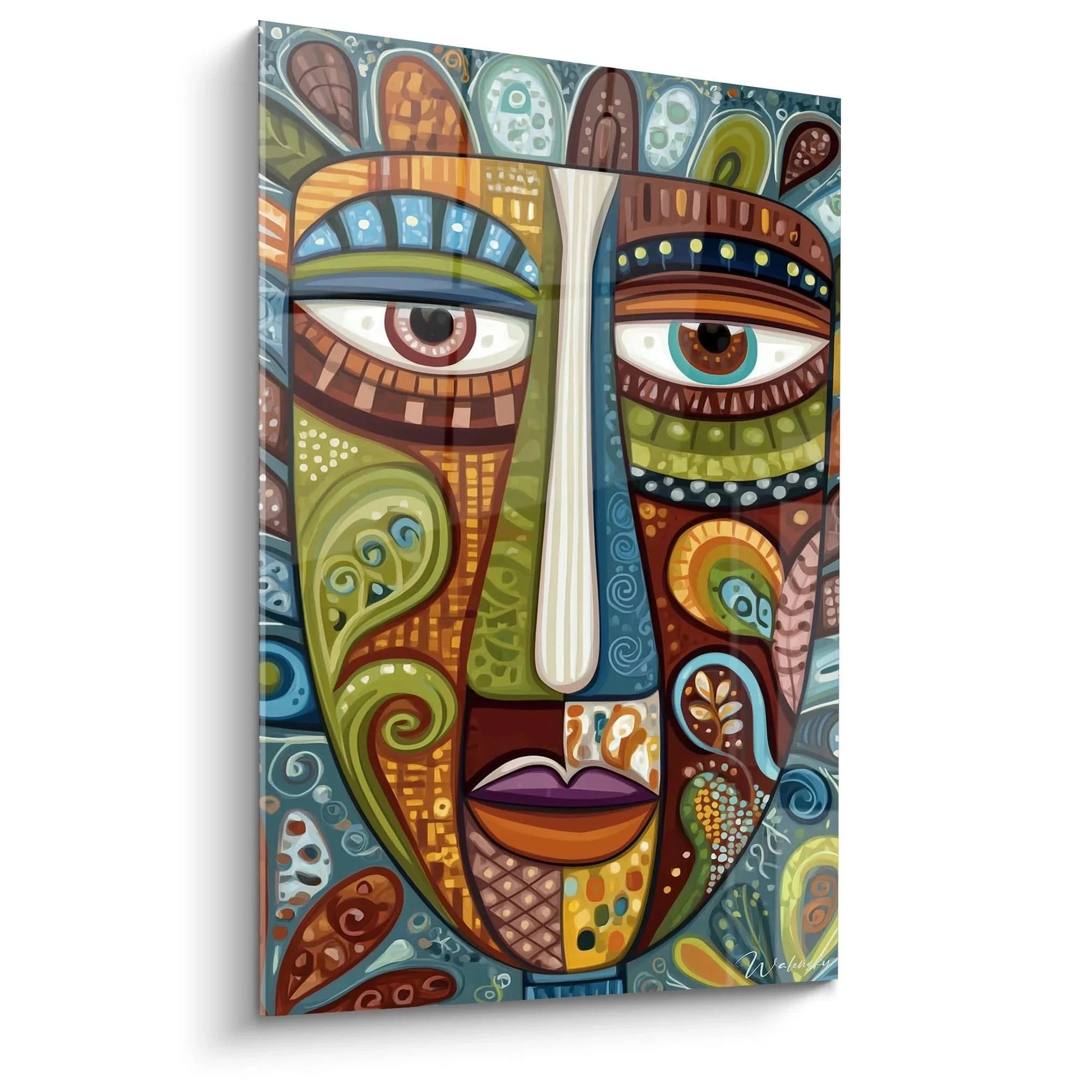 Wandbild abstrakte afrikanische Maske mit bunten geometrischen Mustern und ethnischen Ornamenten