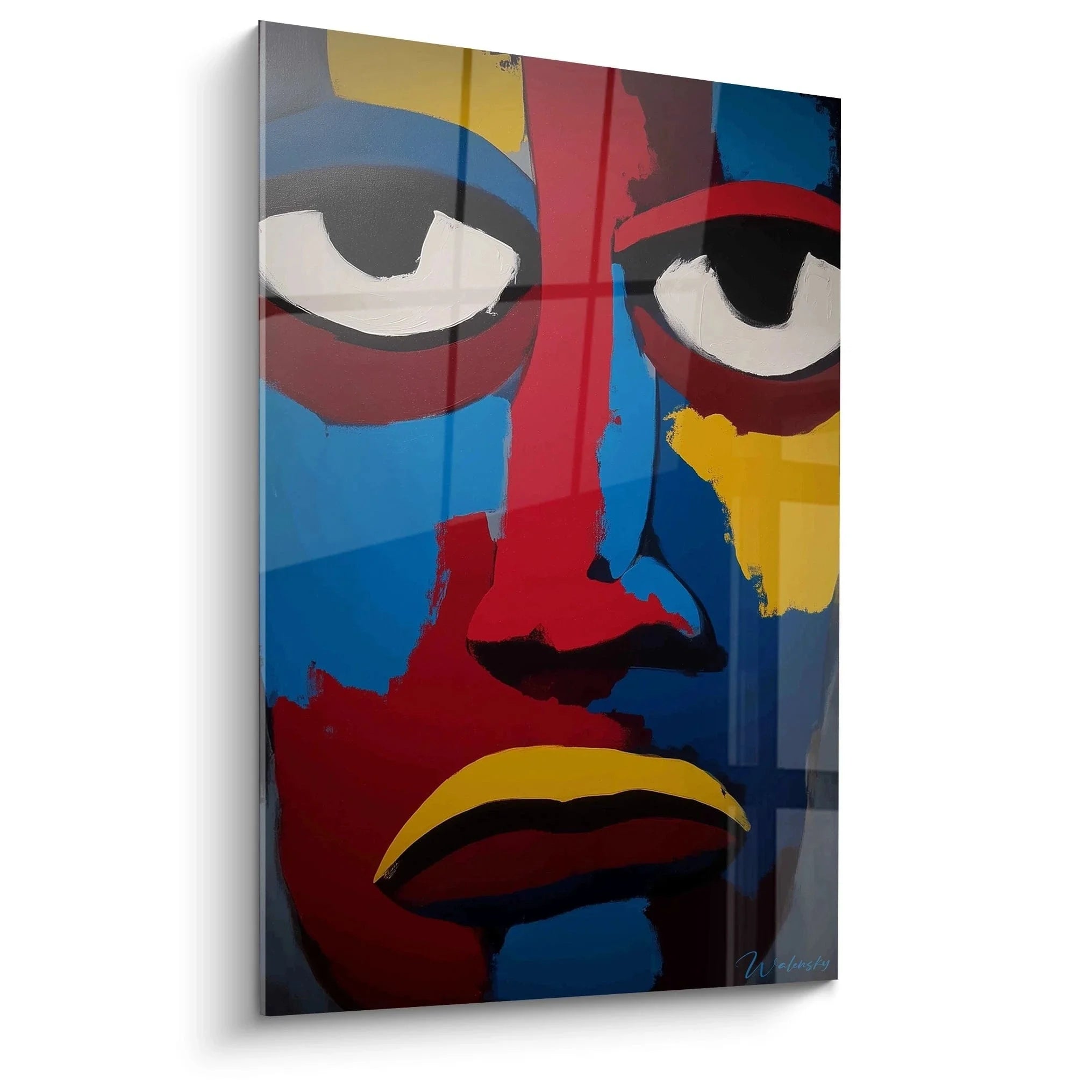 Wandbild abstrakte afrikanische Maske in blau rot gelb - moderne Wanddekoration Afrika