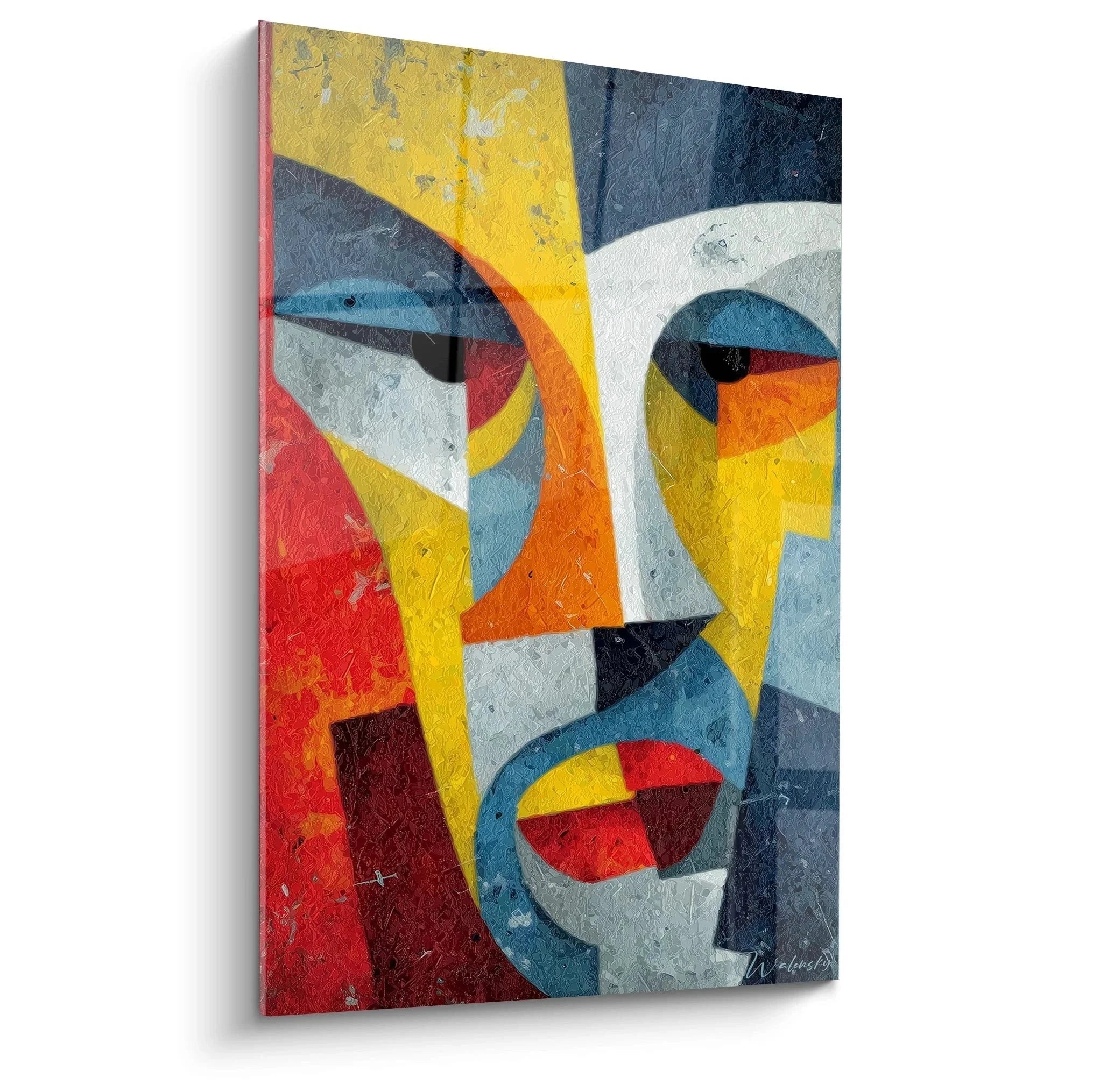 Wandbild abstrakte afrikanische Maske in geometrischen Formen mit bunten Farben gelb rot blau orange