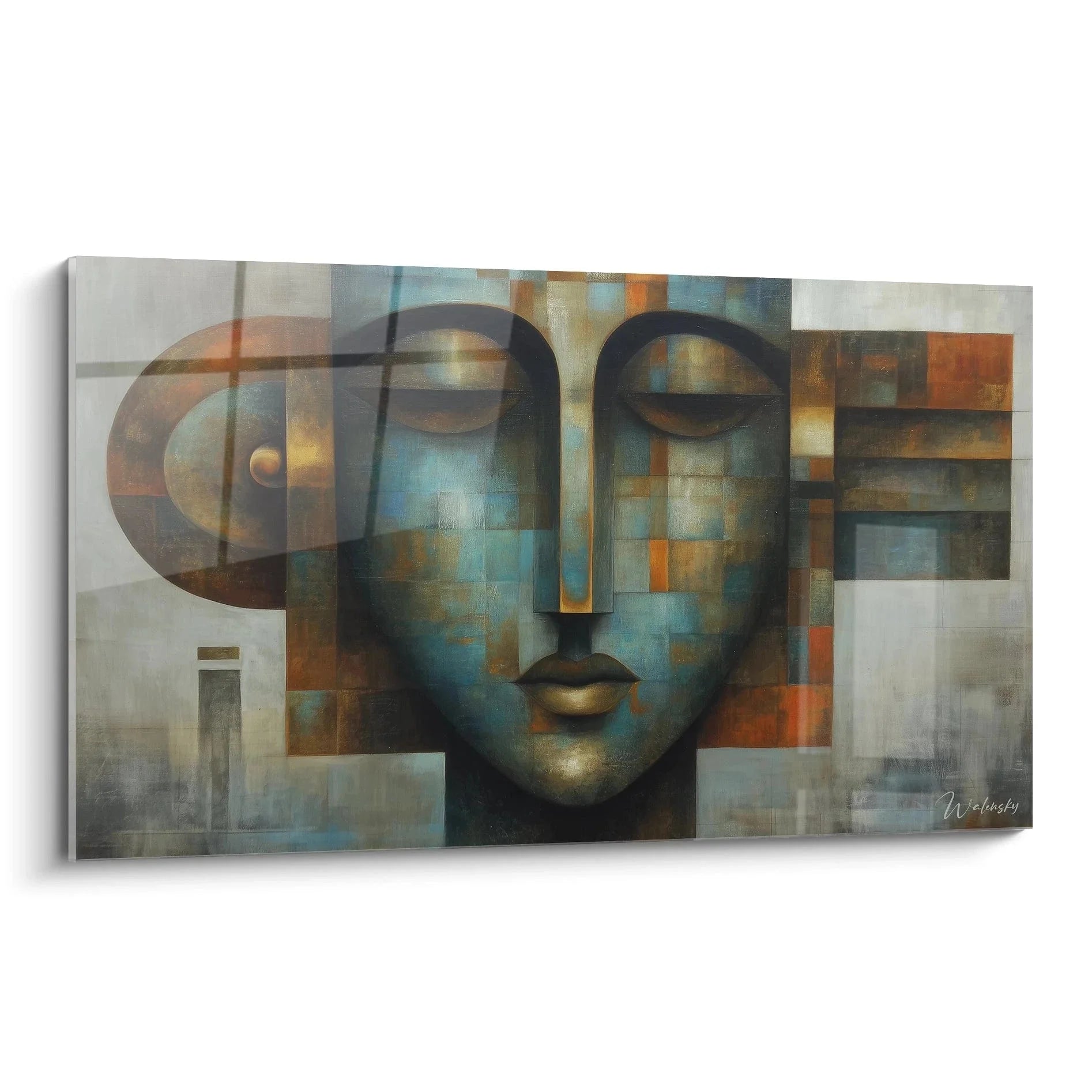 Wandbild abstrakte afrikanische Maske in geometrischem Stil mit warmen Erdtönen und blauen Akzenten