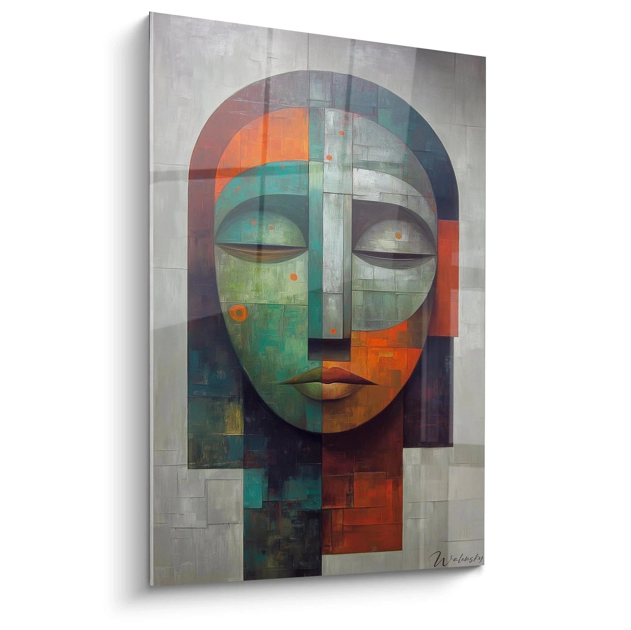 Wandbild abstrakte afrikanische Maske mit geometrischen Formen in Orange und Türkis - Stammeskunst Wanddekoration