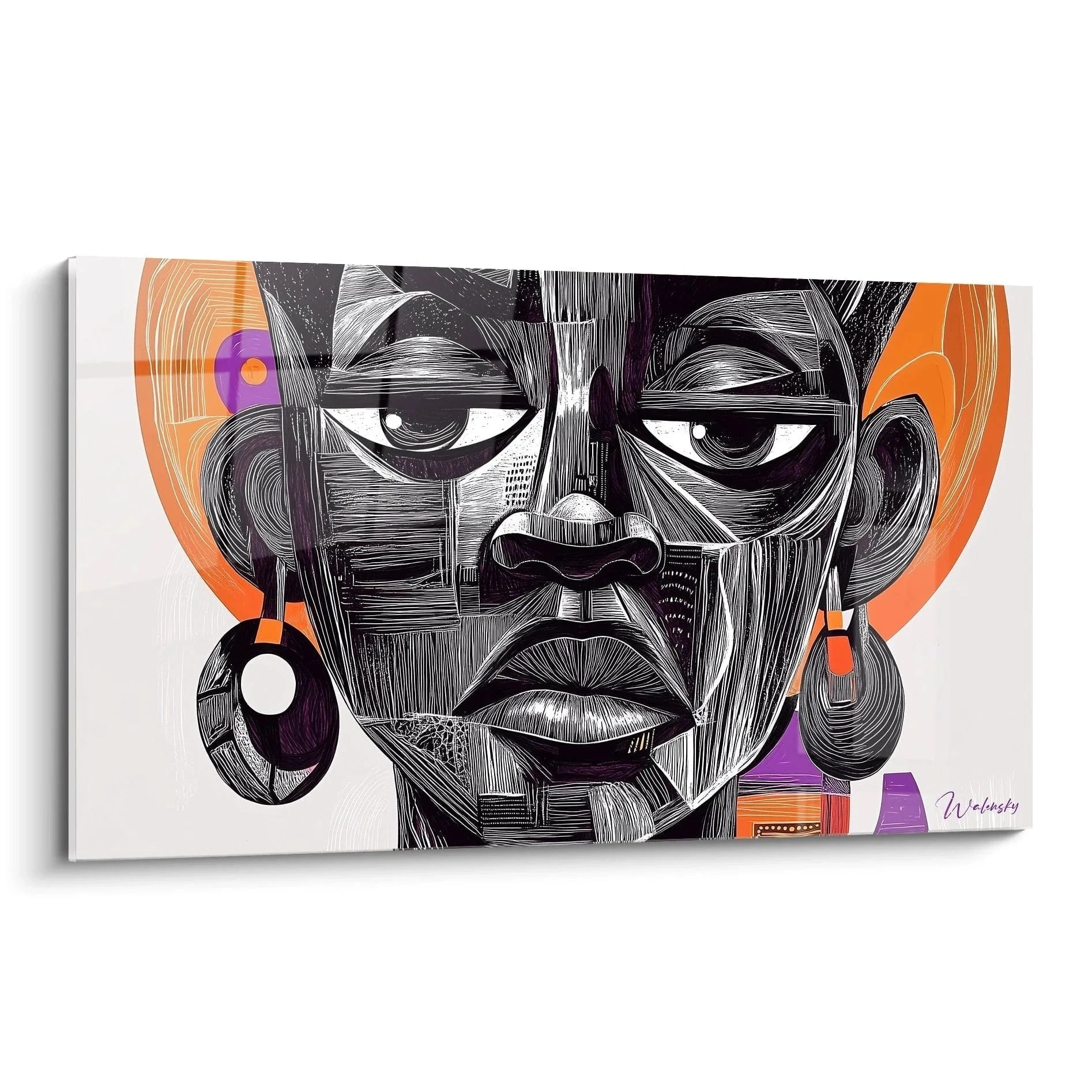 Wandbild abstrakte afrikanische Maske mit geometrischen Formen in Orange und Violett