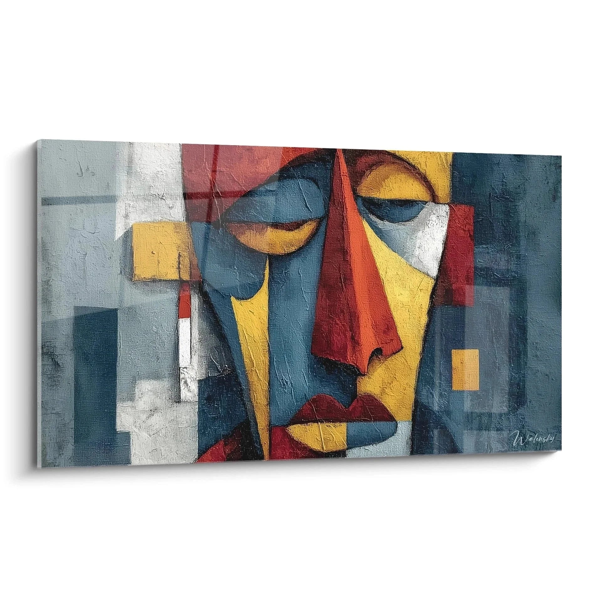 Wandbild abstrakte afrikanische Maske in geometrischen Formen mit blauen, roten und gelben Farbtönen