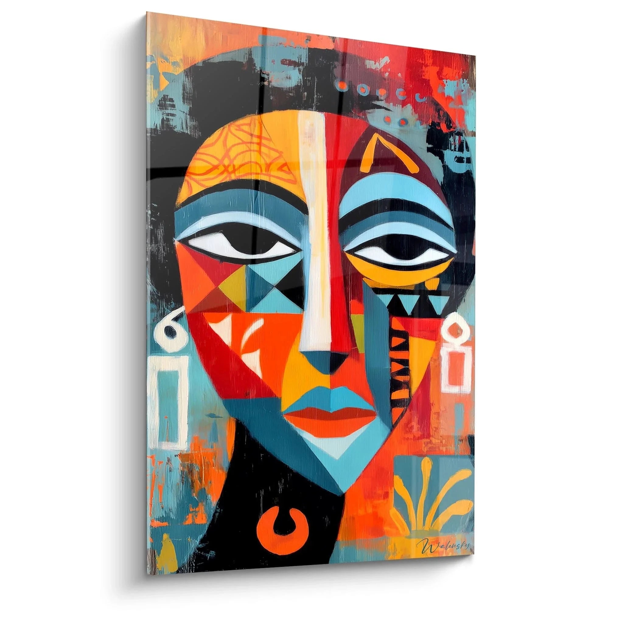 Wandbild abstrakte afrikanische Maske mit geometrischen Mustern in Orange, Rot und Blau für moderne Wanddekoration