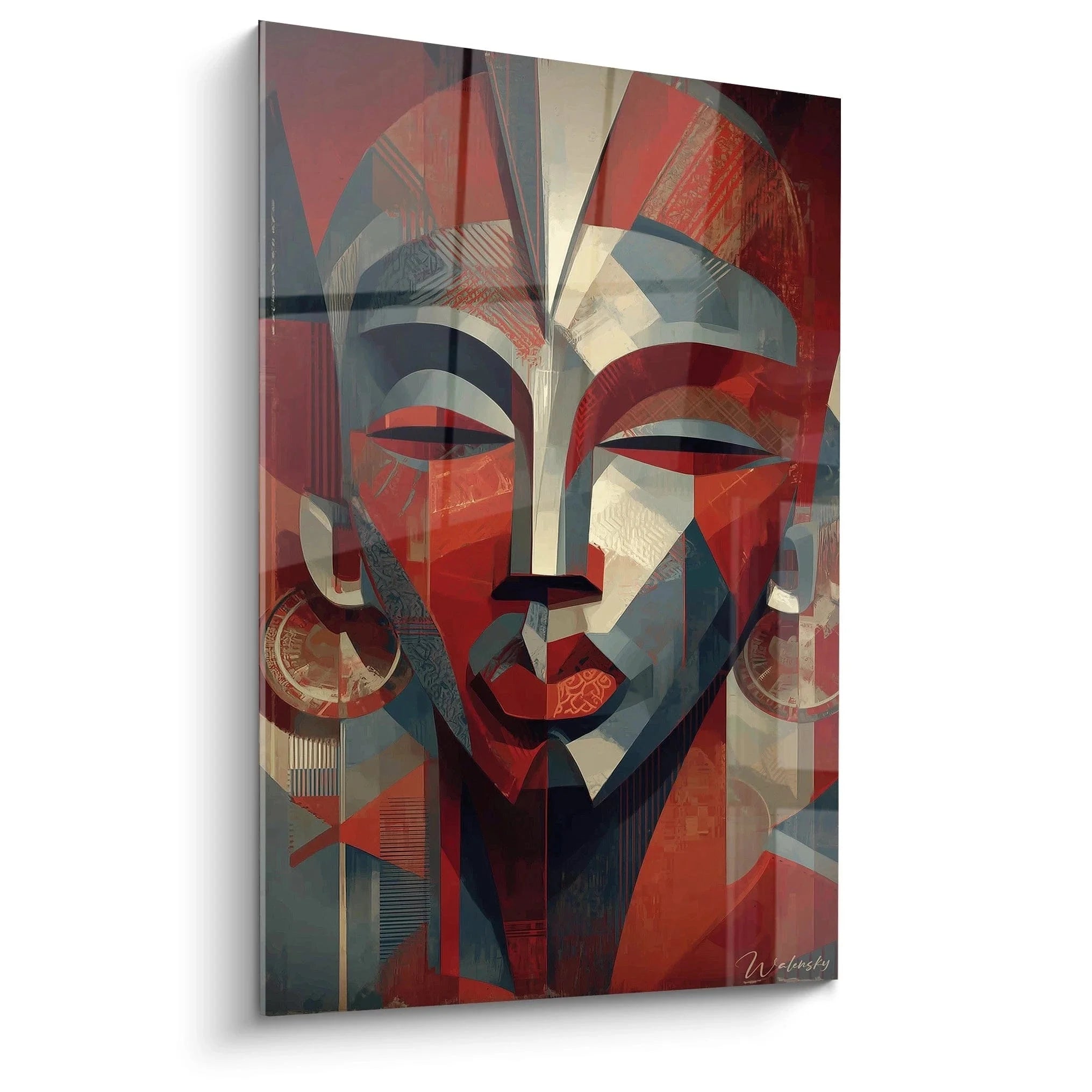 Abstraktes Wandbild afrikanische Maske in geometrischen Formen mit roten und blauen Farbschichten