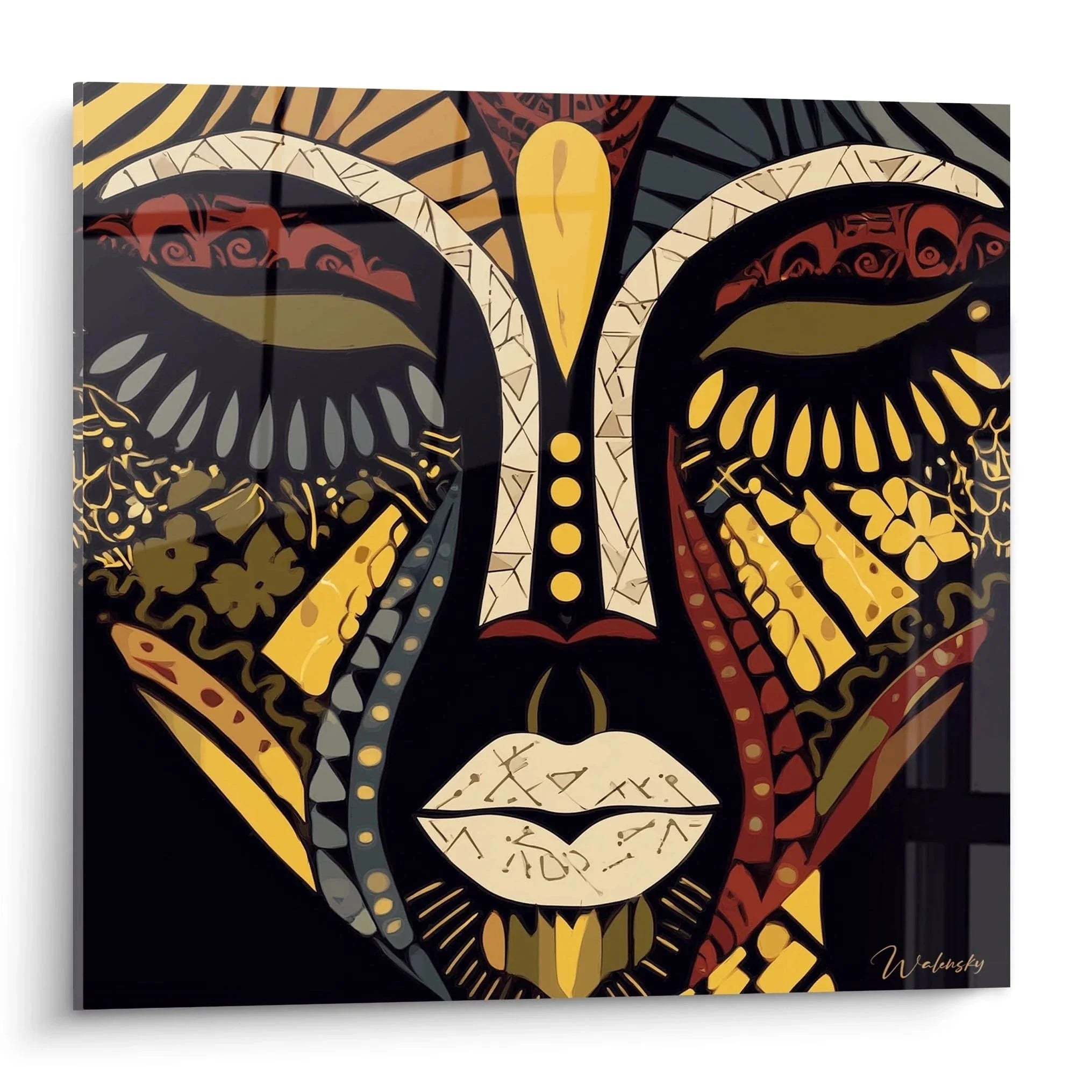 Wandbild abstrakte afrikanische Maske in Gold und warmen Tönen mit geometrischen Tribal-Mustern