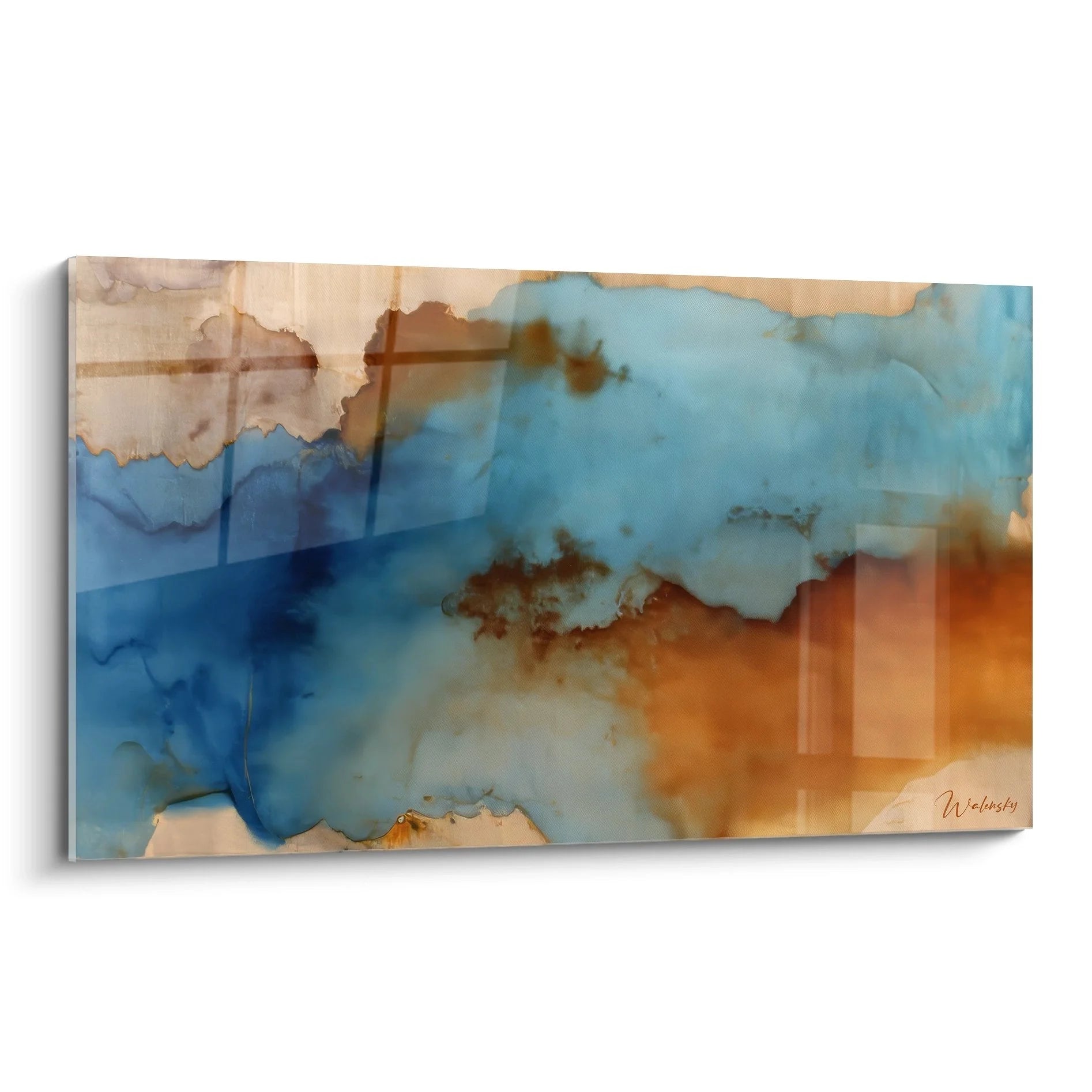 Wandbild abstrakte Aquarell Landschaft in Blau und Orange - moderne Wandkunst Edition Textur Abstrakte