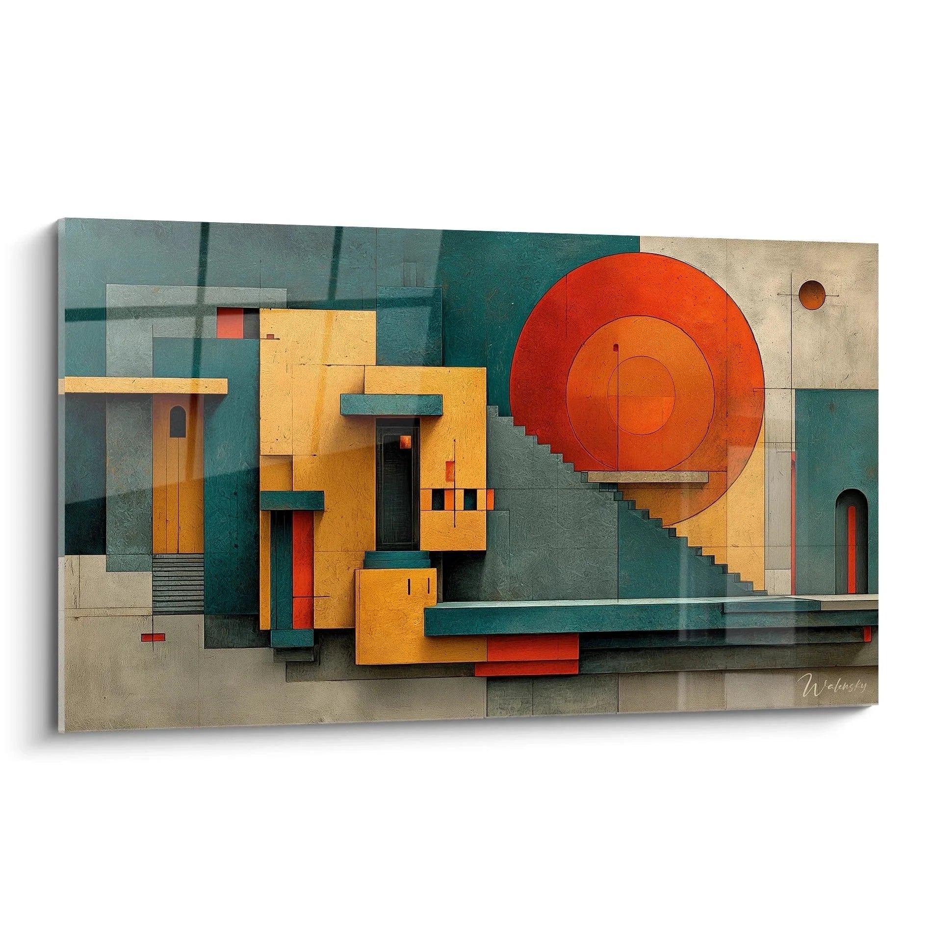 Wandbild abstrakte Architektur Bauhaus Design mit geometrischen Formen und roter Spirale XXL Leinwand