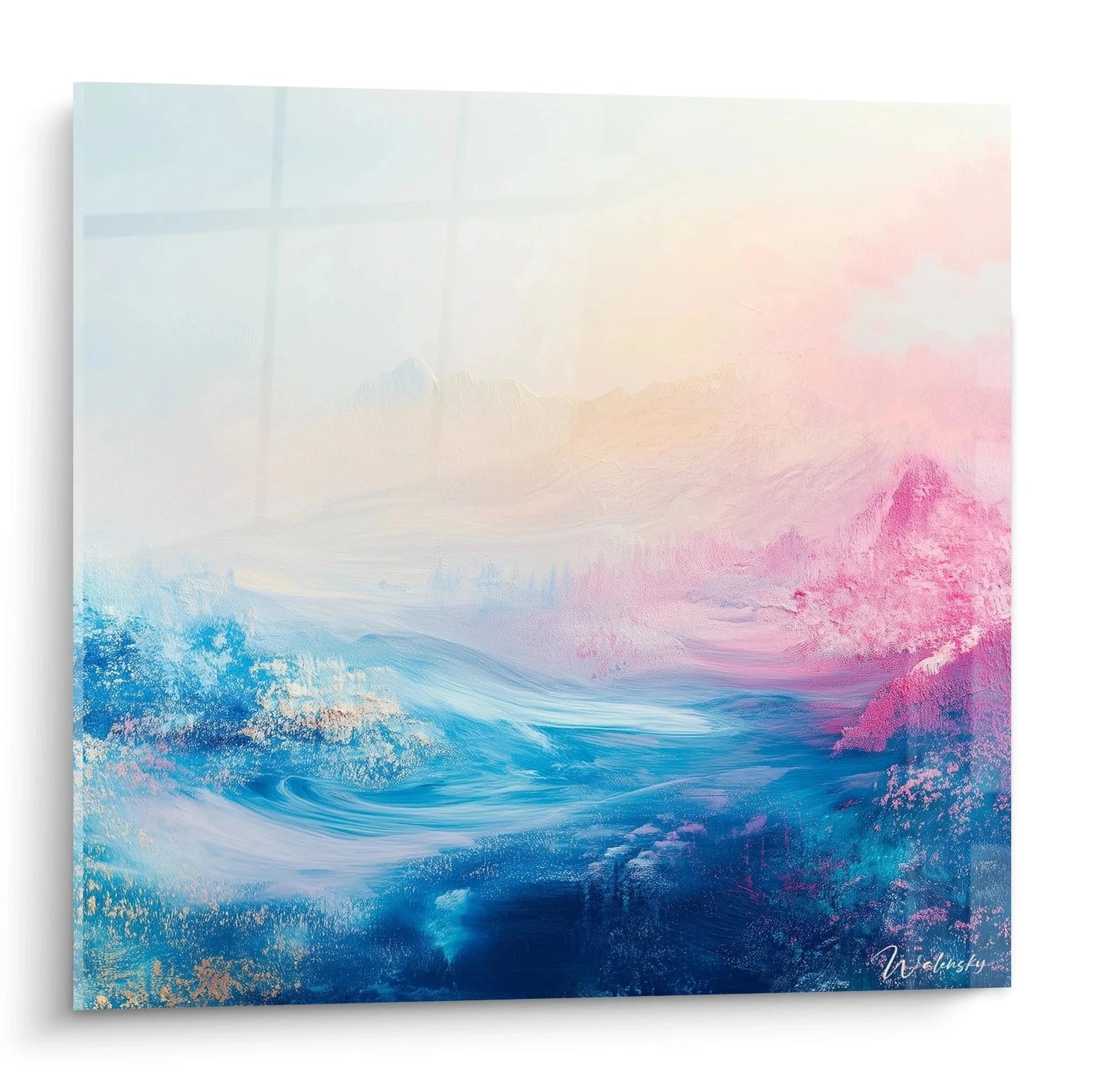 Wandbild abstrakte Berglandschaft in Rosa und Blau, Malerei-Optik Stil mit Felsformationen und Farbverläufen