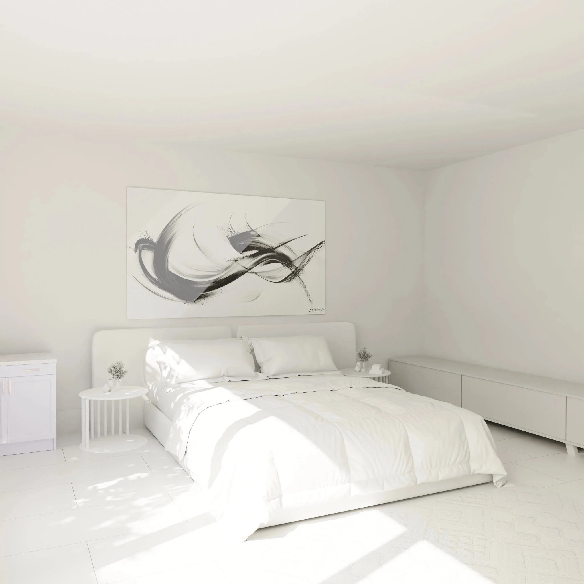 Modernes Wandbild abstrakte Bewegung in Schlafzimmer Ambiente schwarz weiß Dekoration