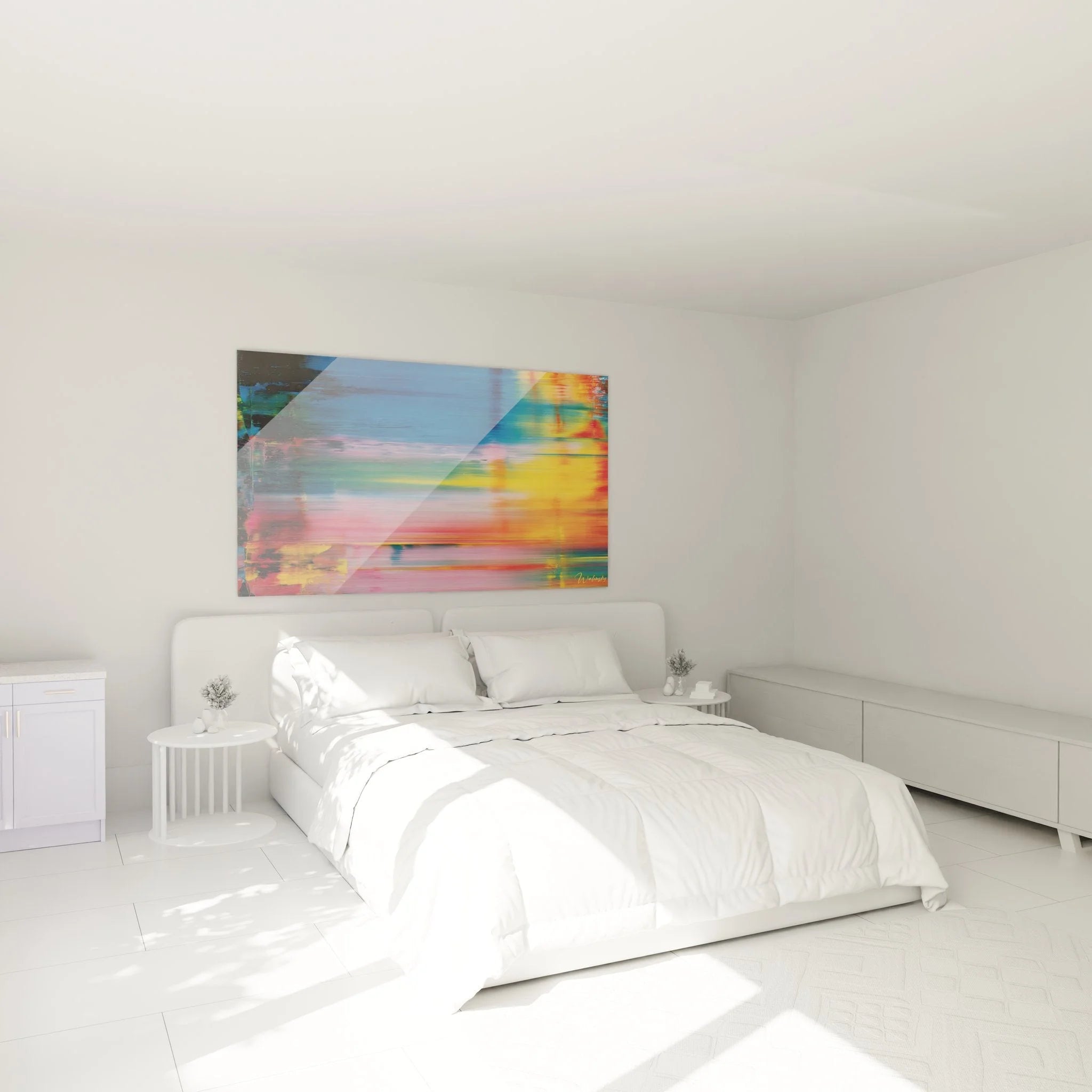 Wandbild abstrakte Bewegung in modernem Schlafzimmer als stilvolle Wanddekoration