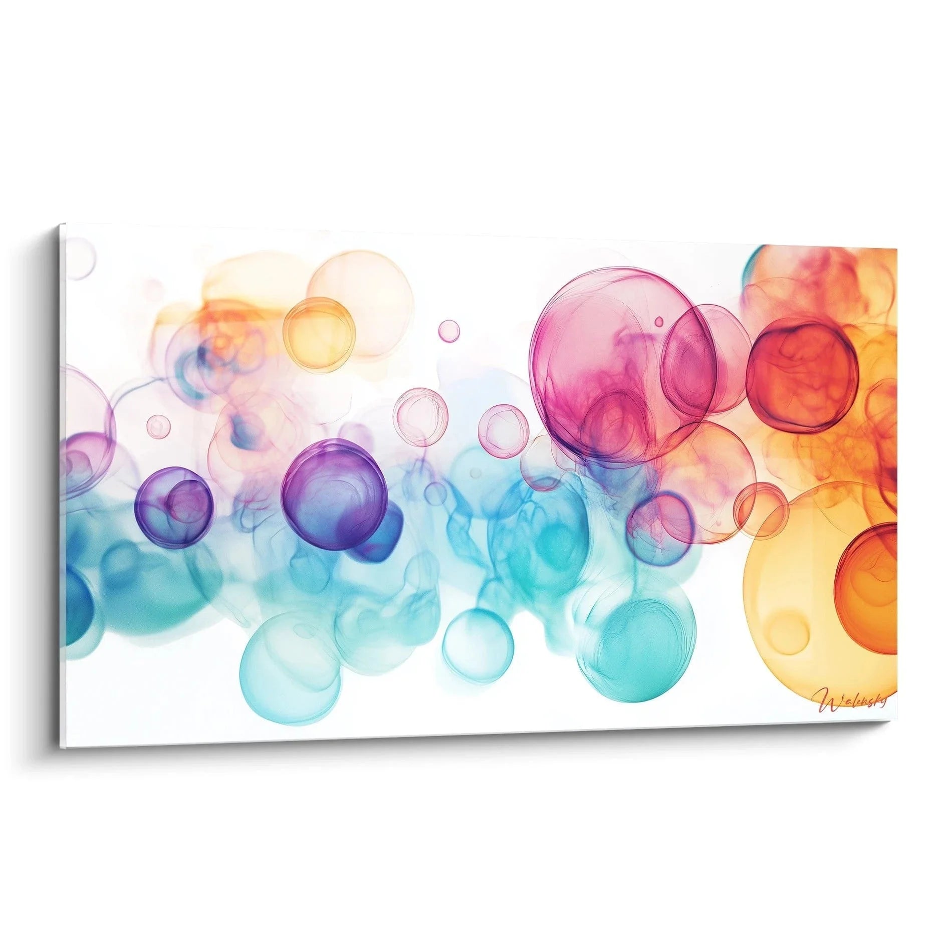 Abstraktes Wandbild mit bunten schwebenden Blasen in Delaunay Stil, moderne Farbexplosion Kunst