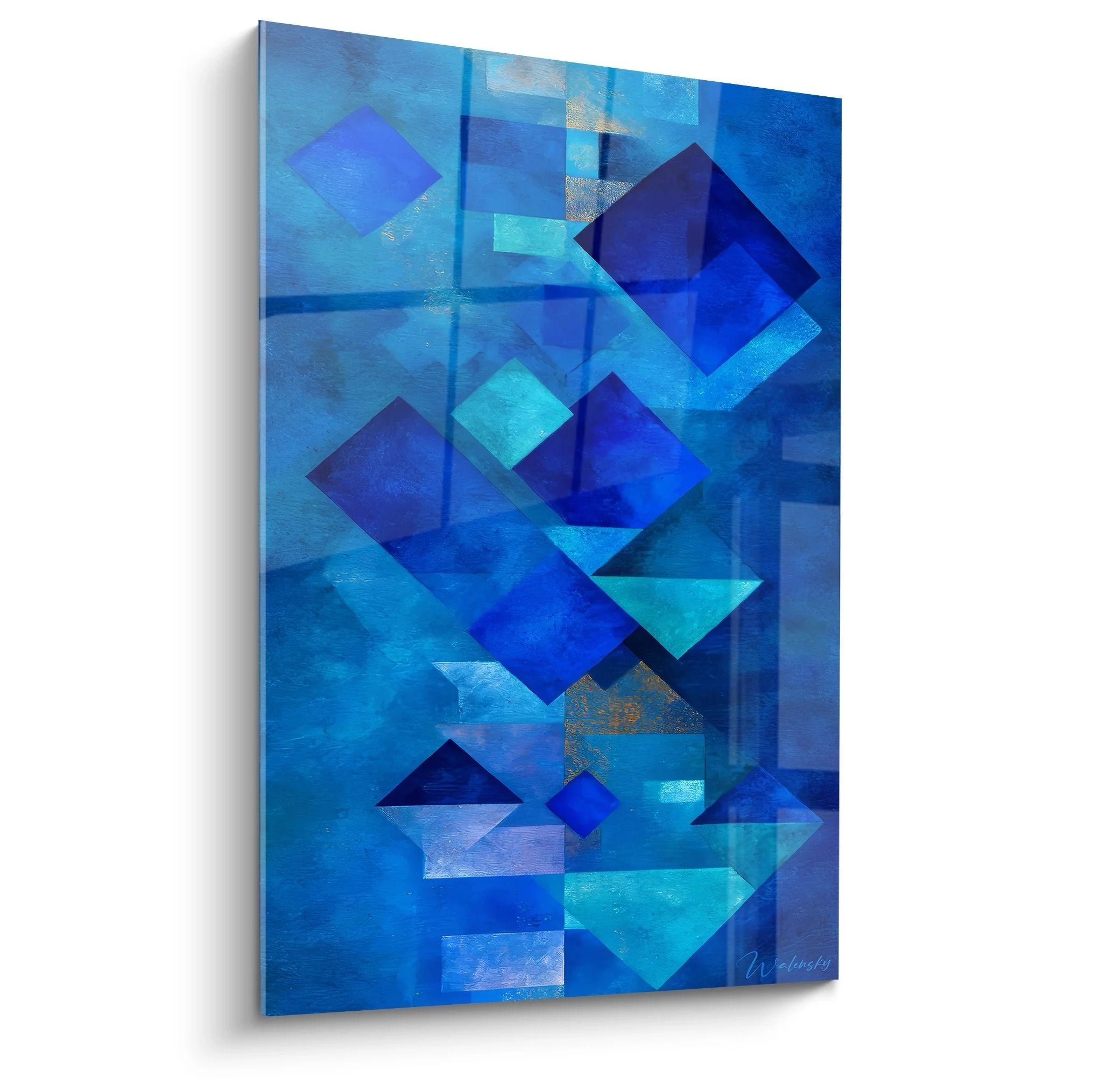 Wandbild abstrakte blaue Geometrie mit schwebenden Quadraten in verschiedenen Blautönen geometrische Wanddekoration