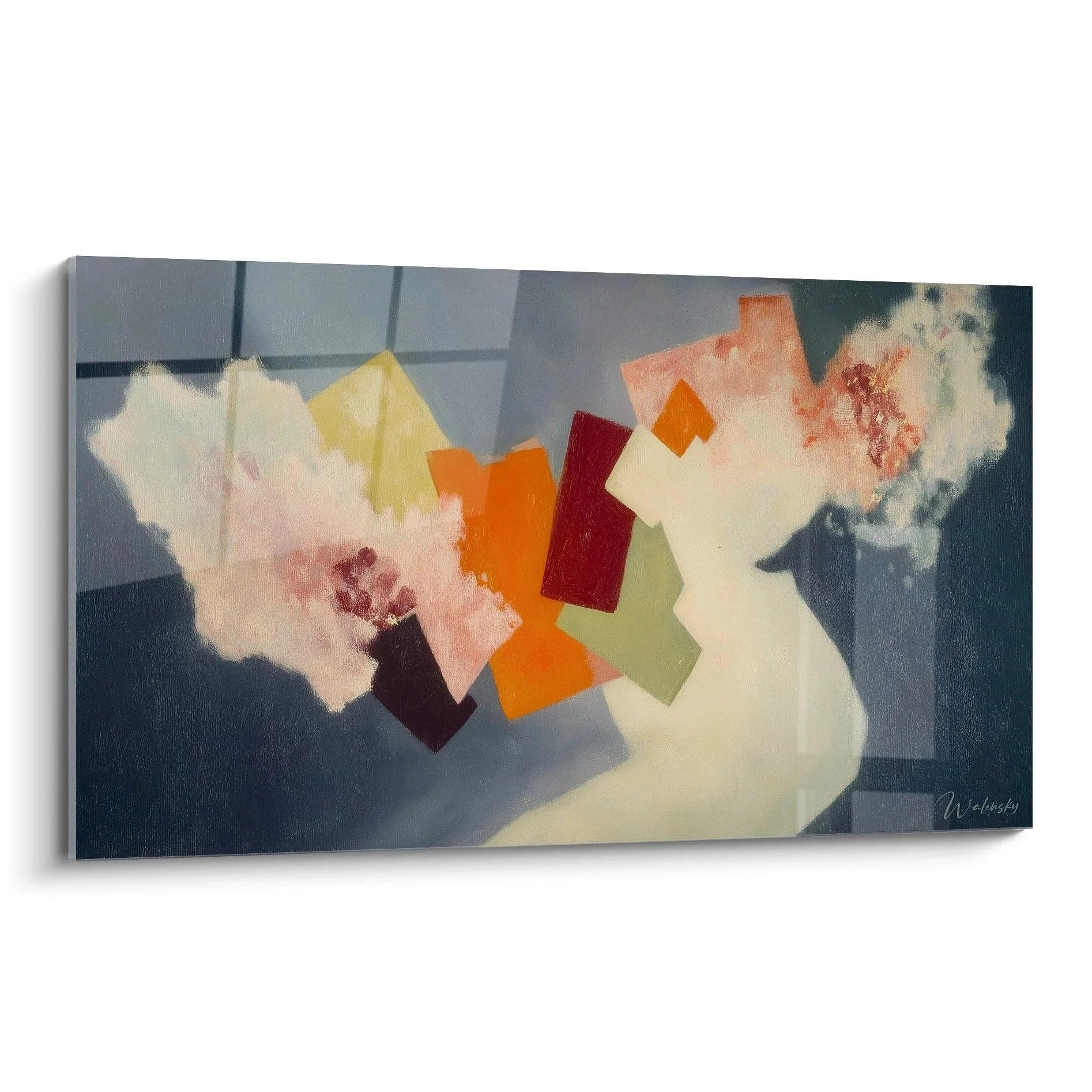 Wandbild abstrakte Blüte mit geometrischen Elementen in Orange und Rot, Edition Dadaismus Kunstdruck