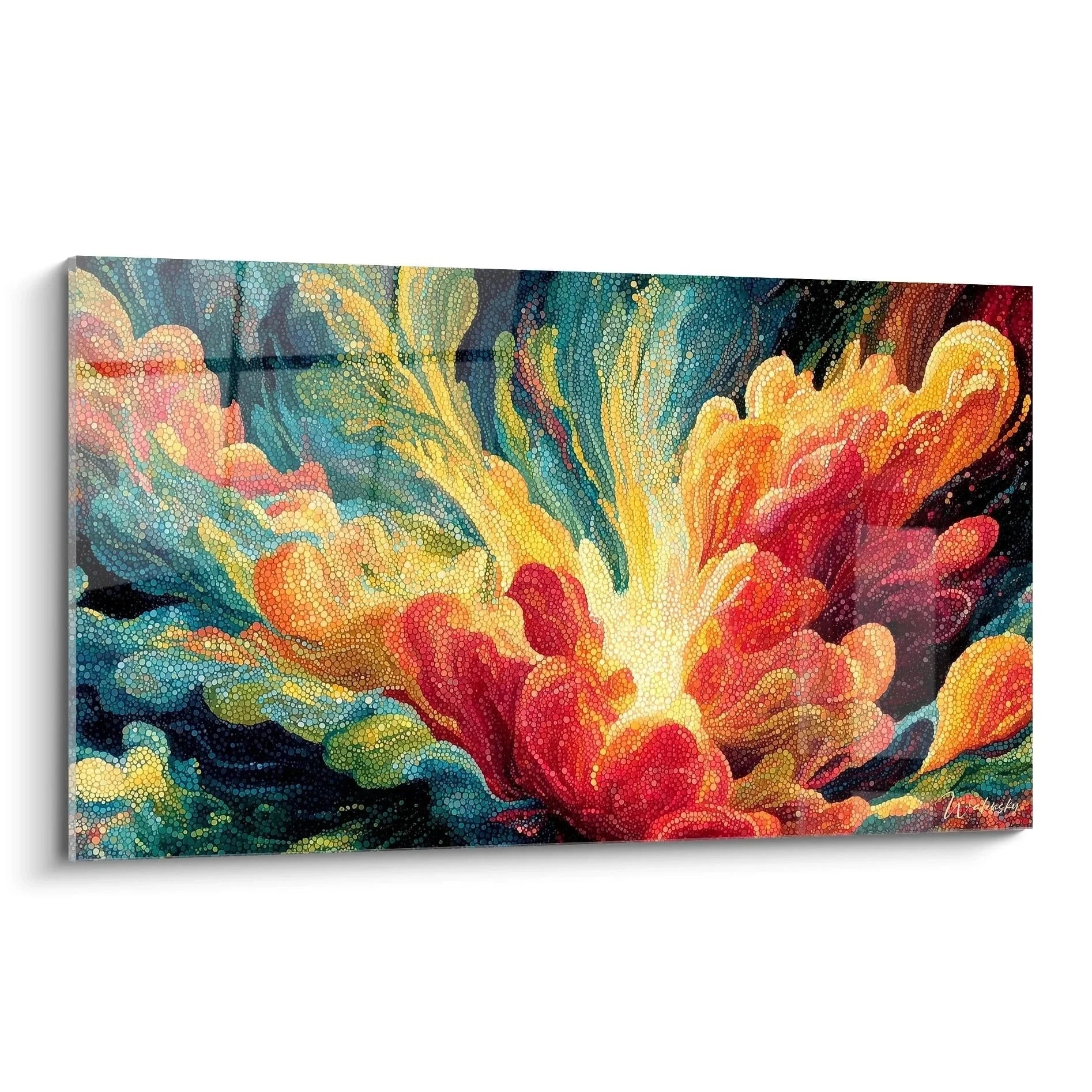 Wandbild abstrakte Blüte Pointillismus mit leuchtenden Farben und Punkttechnik für moderne Raumgestaltung