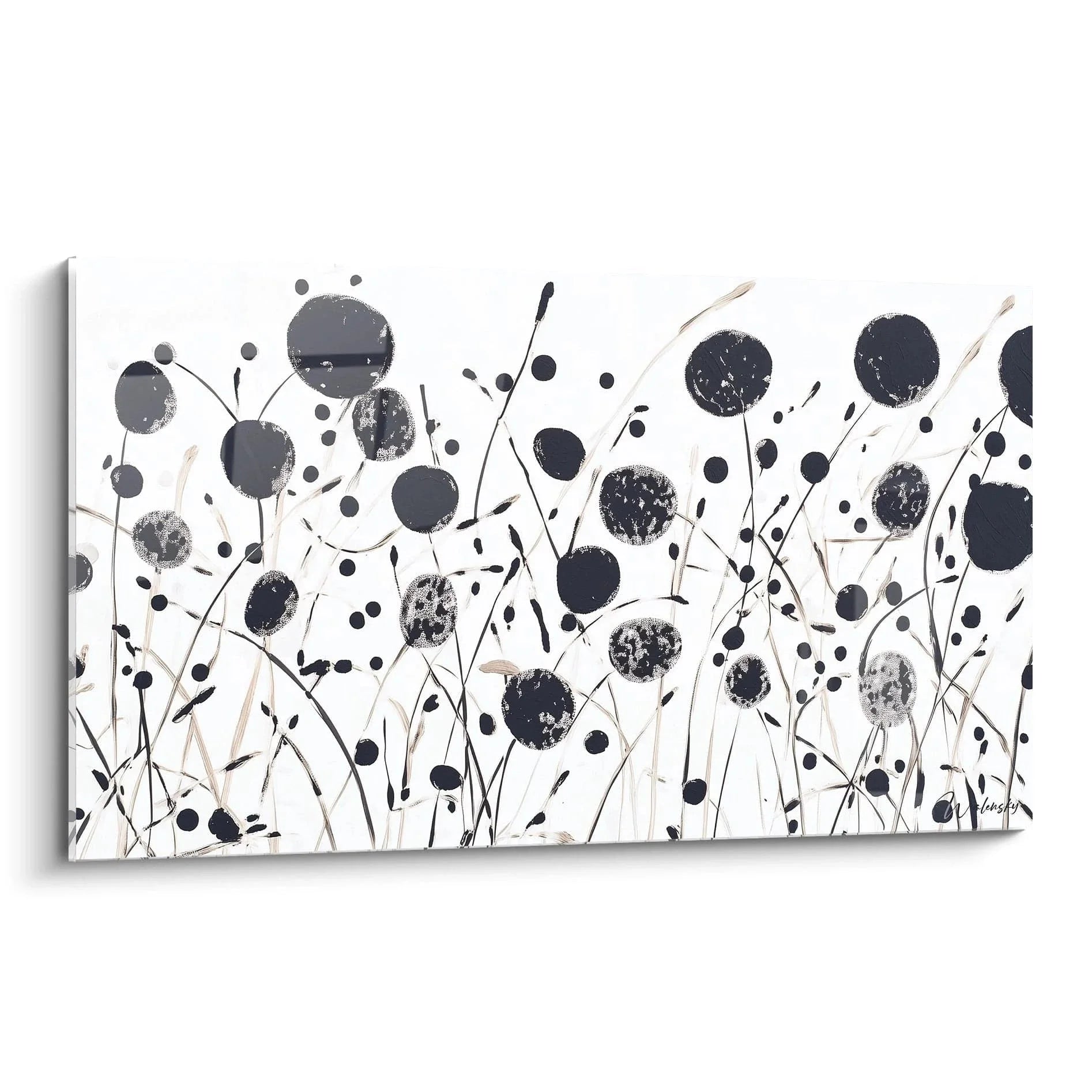 Wandbild abstrakte Blumen schwarz-weiß mit gepunkteten Kreisen und organischen Linien